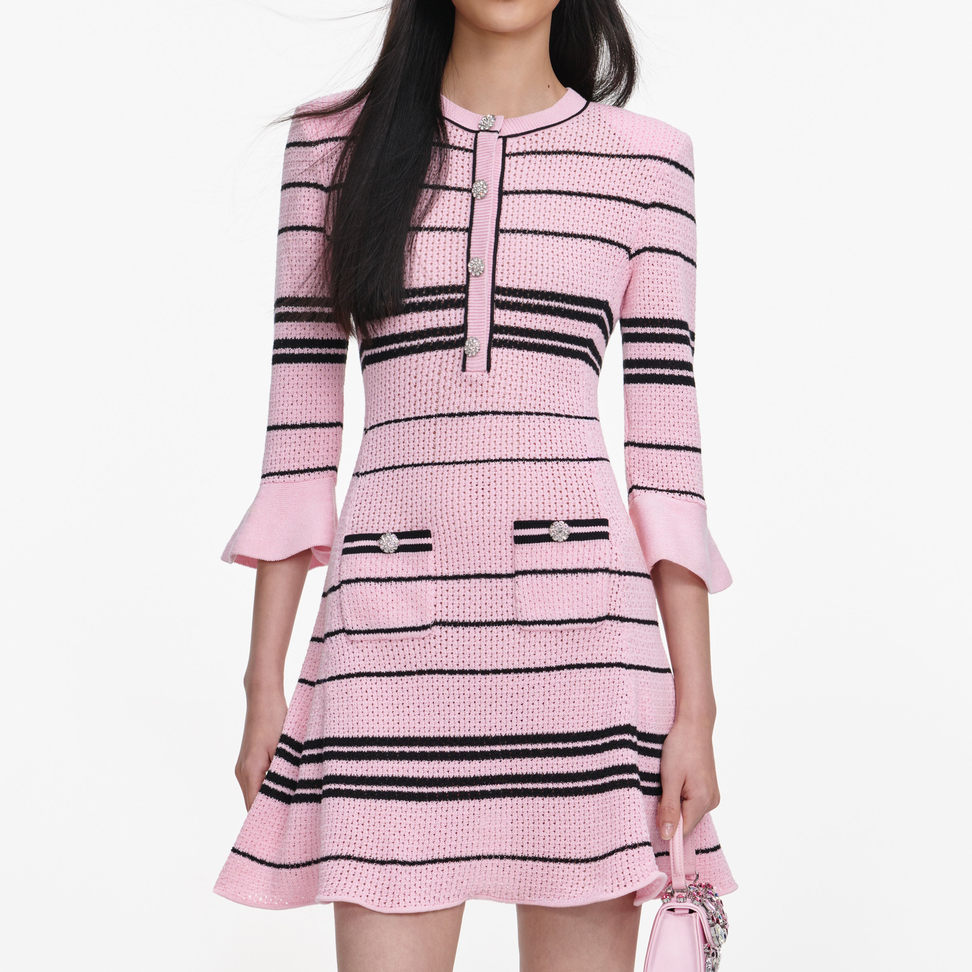 Self Portrait Pink Stripe Knit Mini Kleid S Rosa Baumwolle