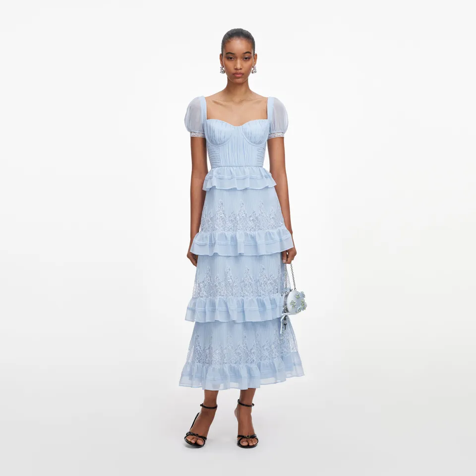 Self Portrait Blue Chiffon Short Sleeve Midi Kleid blau