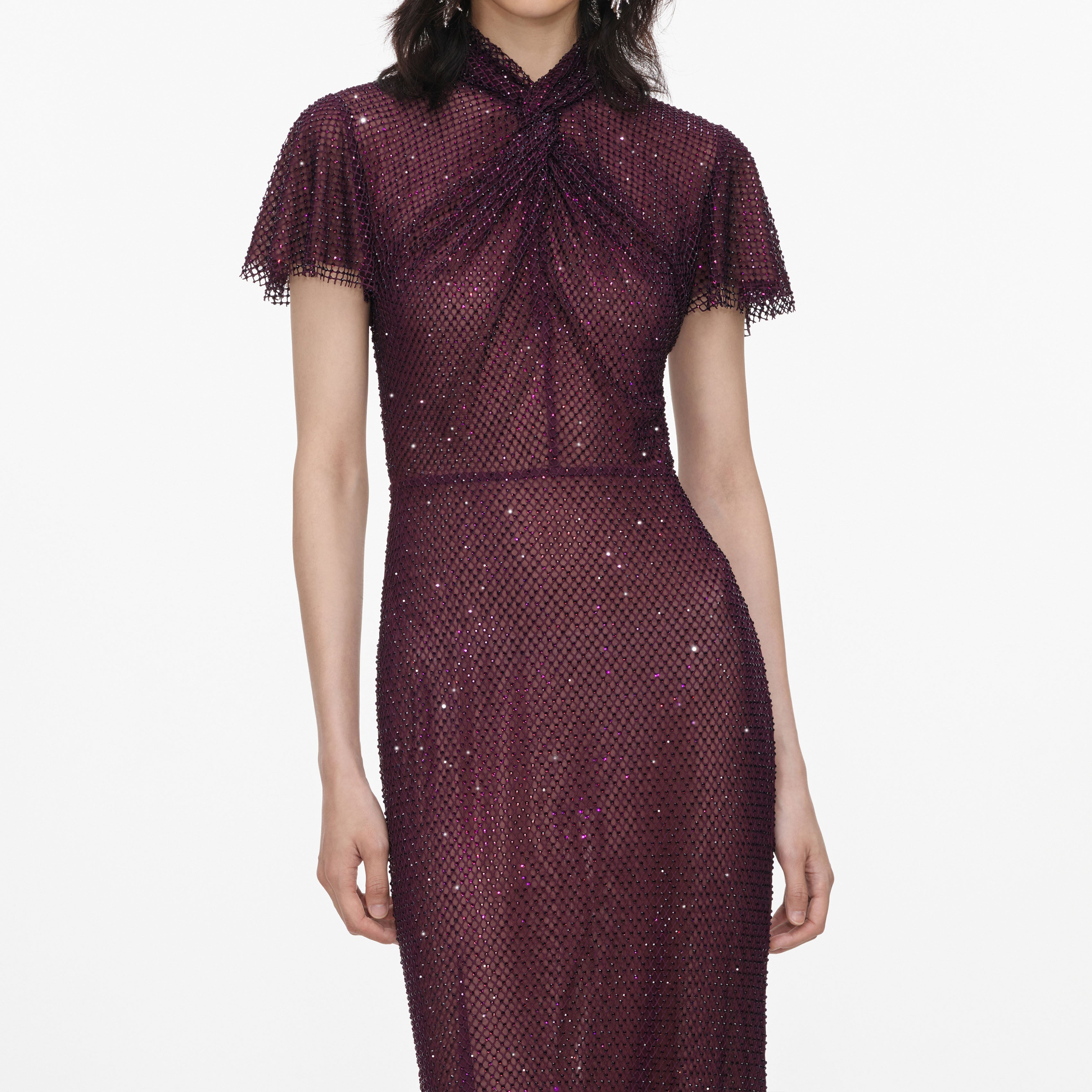 Self Portrait Burgundy Rhinestone Fishnet Midi Kleid Bordeaux