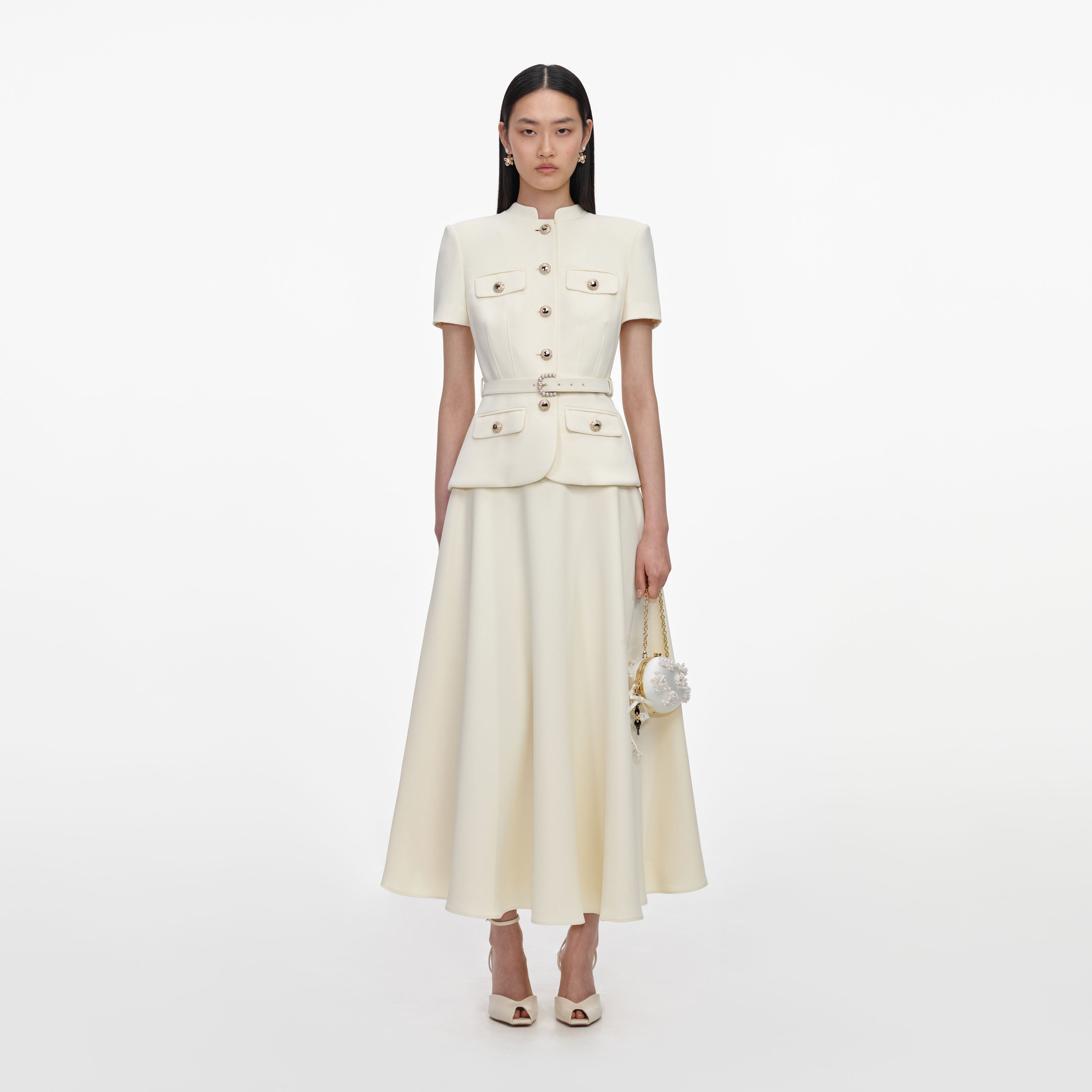 Self Portrait Gelbes Crepe Midikleid mit Gürtel Taschen
