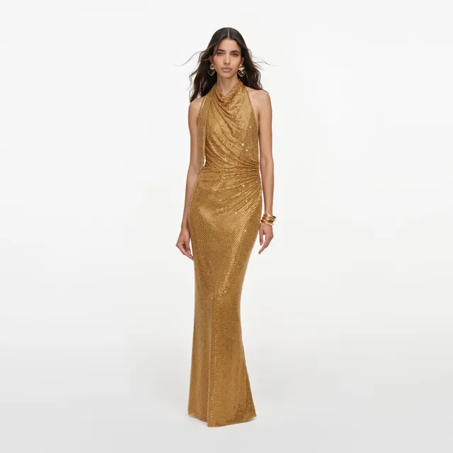Self Portrait Gold Rhinestone Halter Maxikleid gold UK 6
