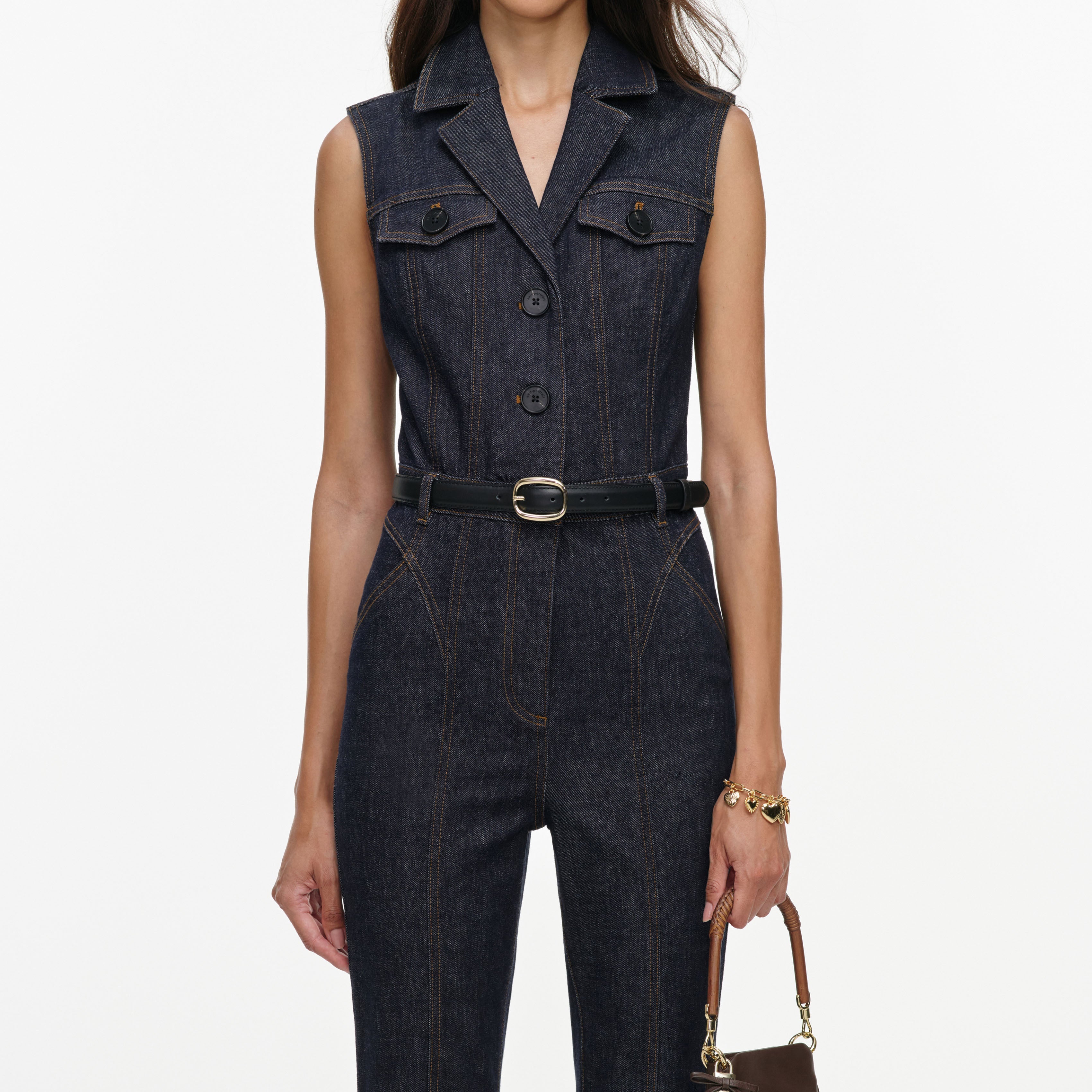 Self Portrait Denim Indigo Belted Denim Jumpsuit Overall UK 8