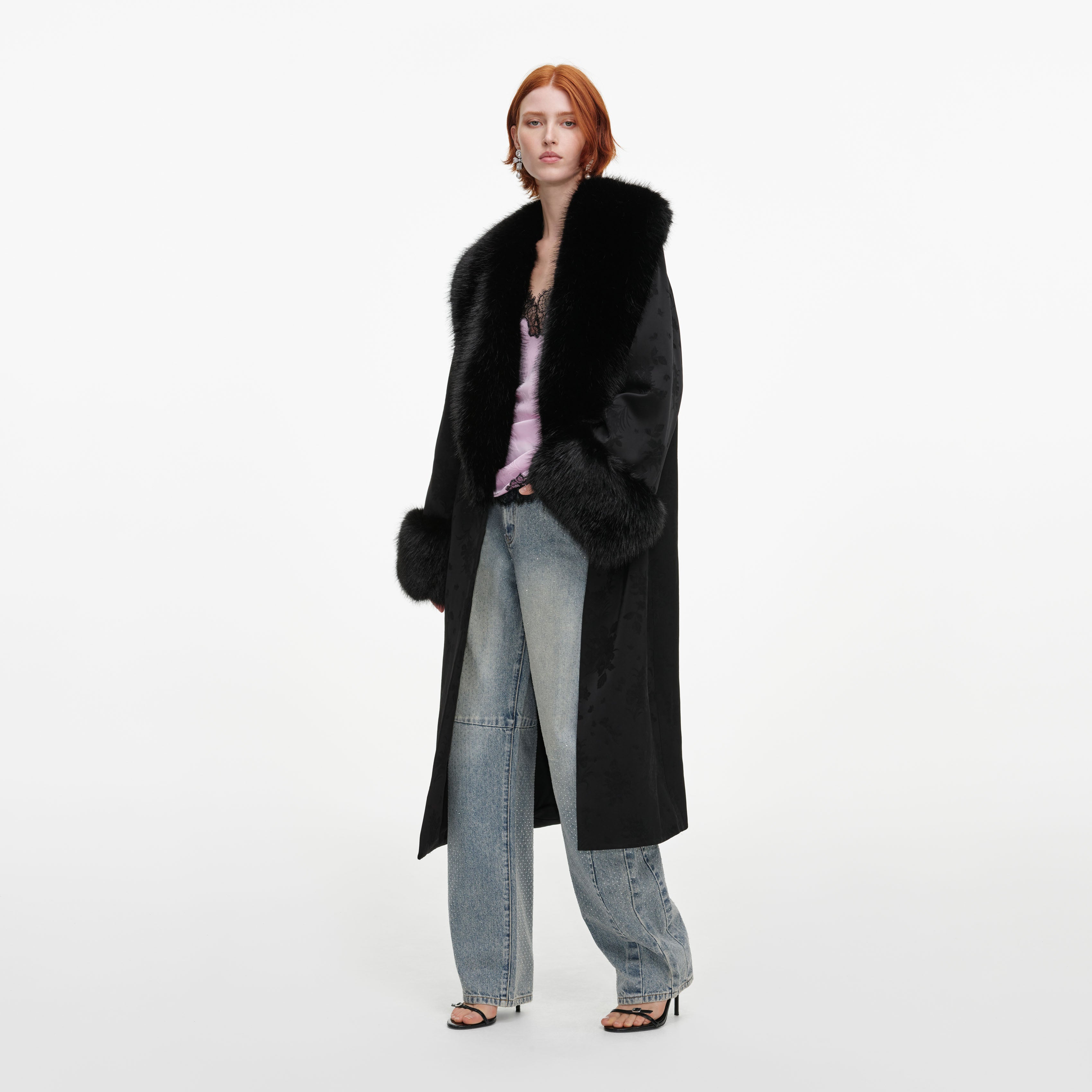 Self Portrait Jacquard Fur Collar Mantel Schwarz S