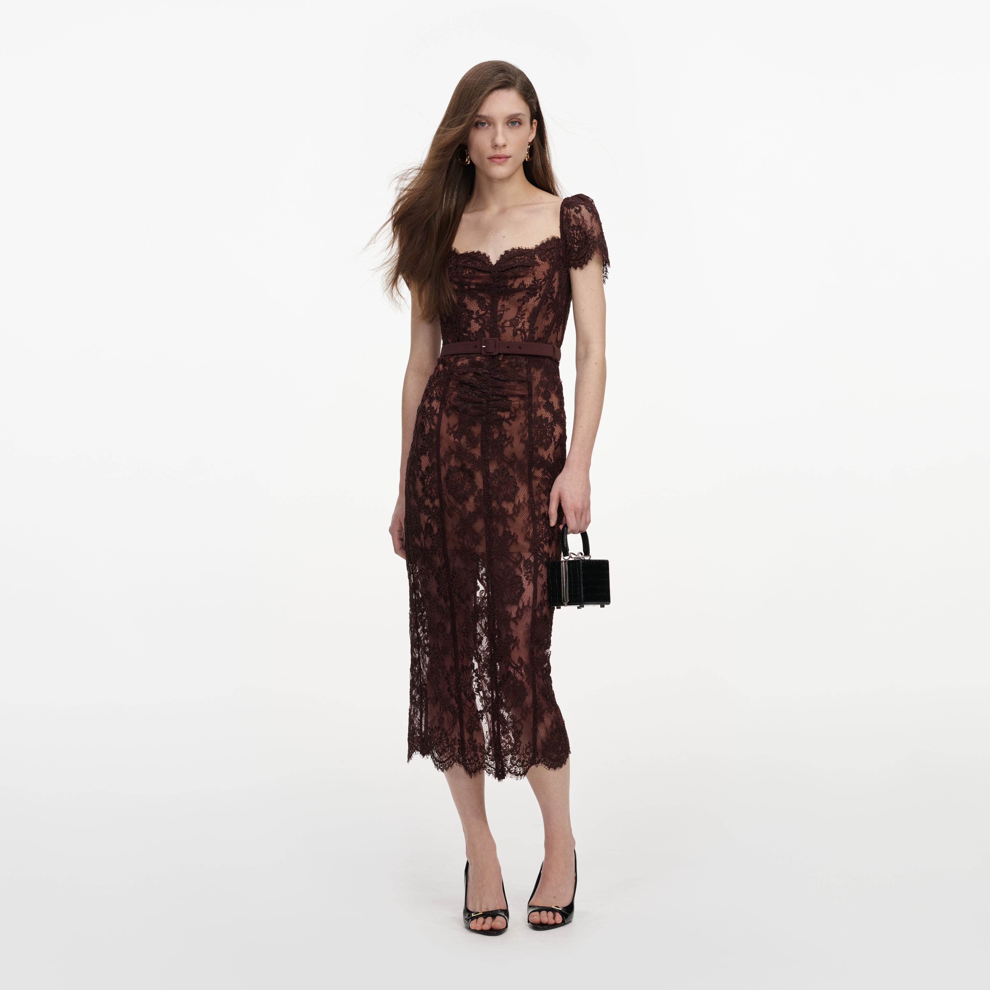 Self Portrait Brown Floral Spitzen-Midikleid UK 8