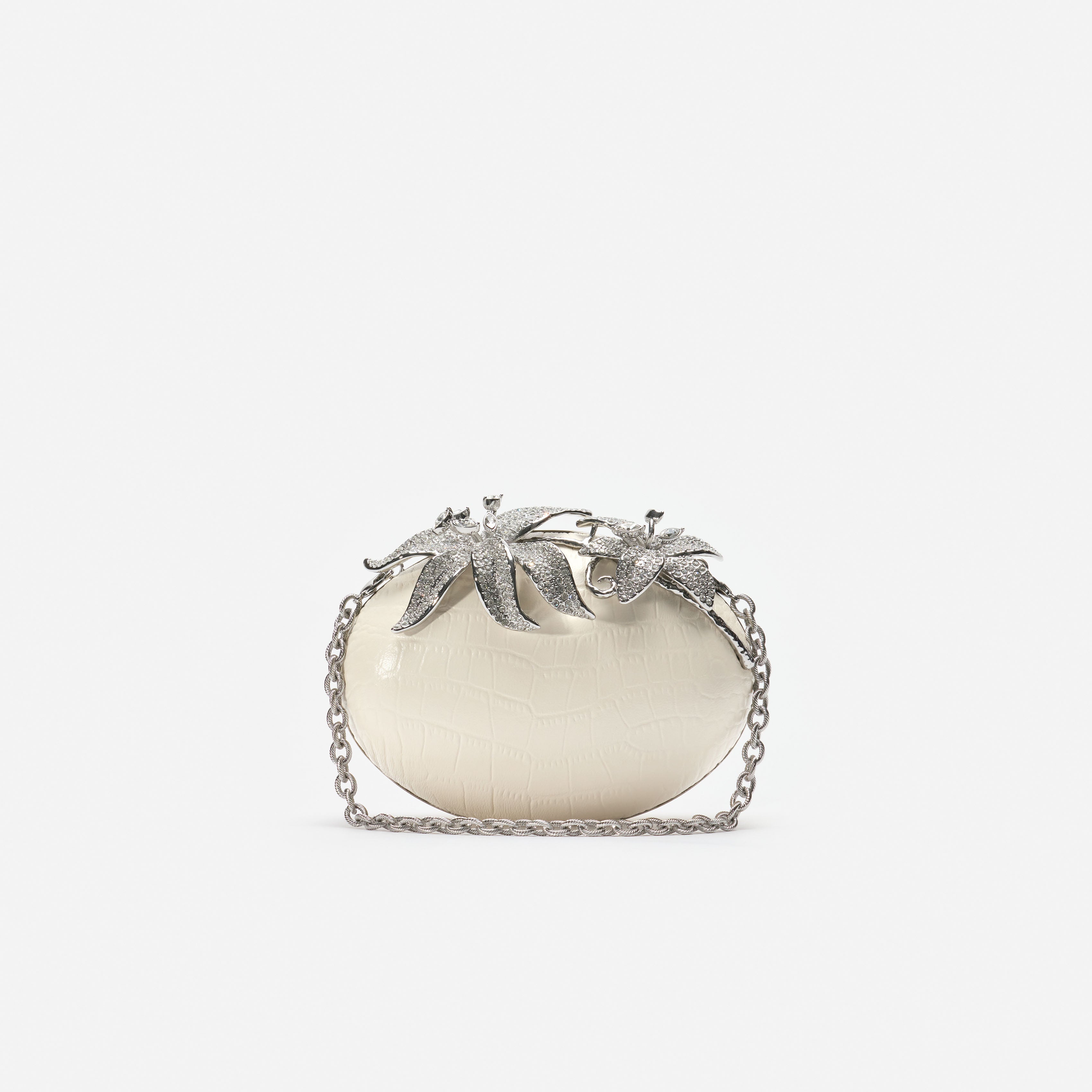 Self Portrait Cream Leather Crystal Flower Oval Clutch Creme One Size
