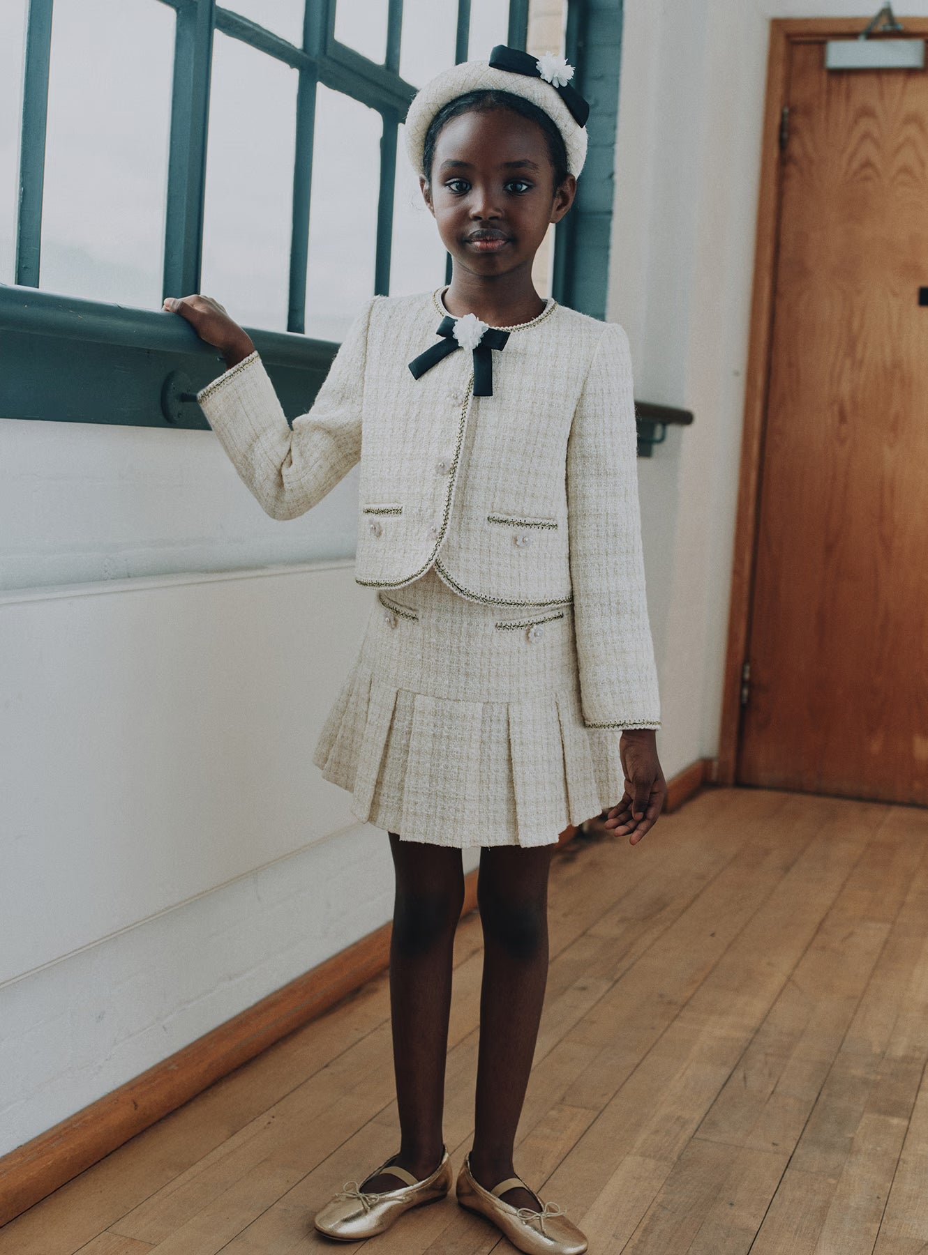 Self Portrait Cream Boucle Pleated Skirt Mädchen Creme