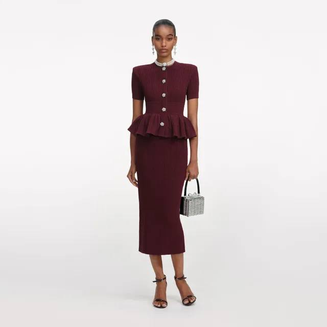 Self Portrait Burgundy Pointelle Knit Midi Kleid Bordeaux