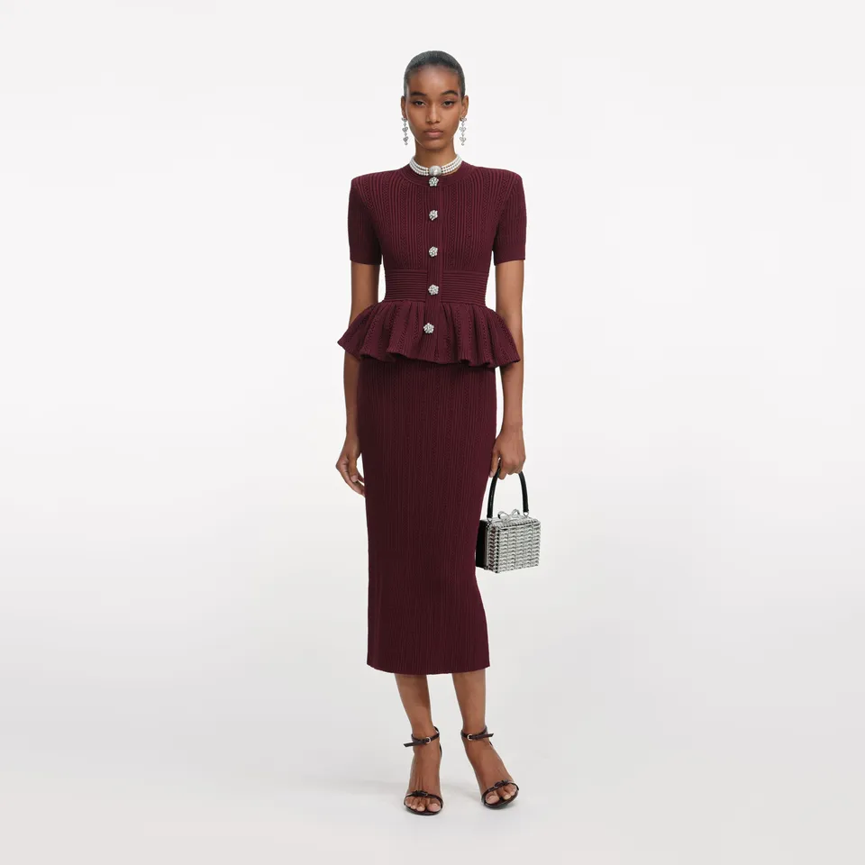Self Portrait Burgundy Pointelle Knit Midi Kleid Bordeaux