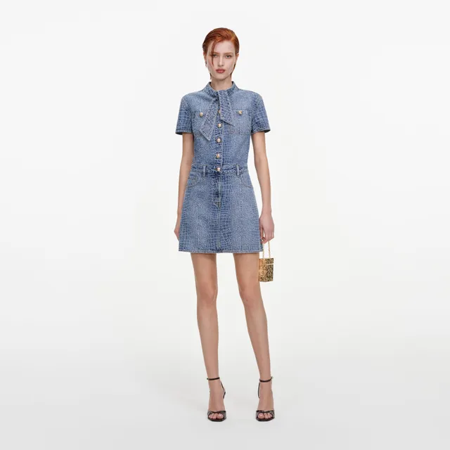 Self Portrait Croc Denim Mini Kleid Blau mit Bindekragen