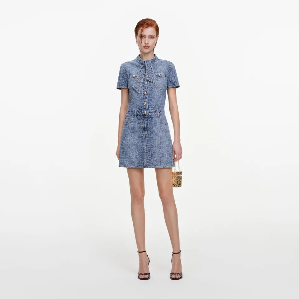 Self Portrait Croc Denim Mini Kleid Blau mit Bindekragen