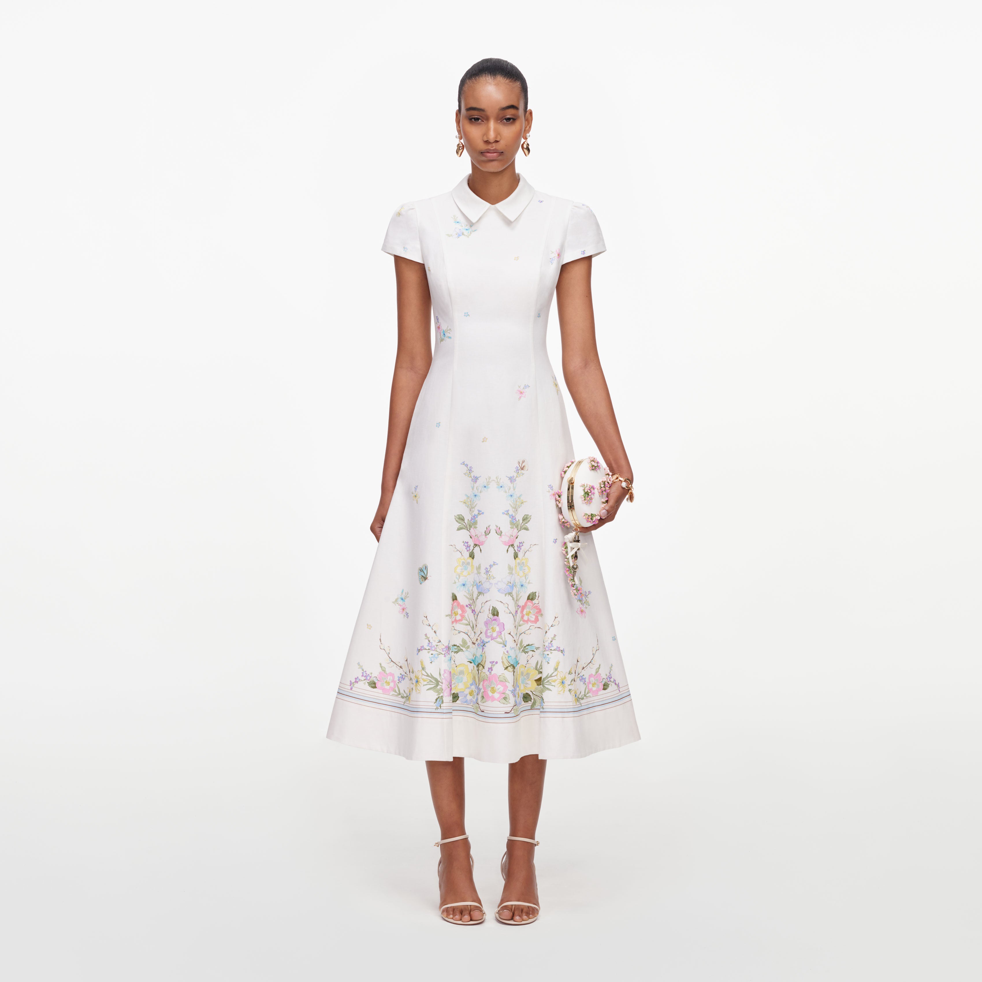 Self Portrait White Floral Leinen Midikleid Weiß