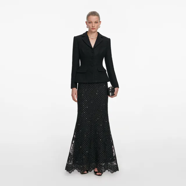 Self Portrait Black Boucle Rhinestone Maxi Kleid Schwarz