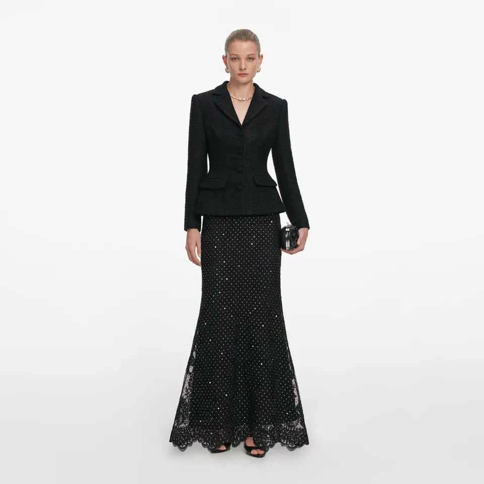 Self Portrait Black Boucle Rhinestone Maxi Kleid Schwarz