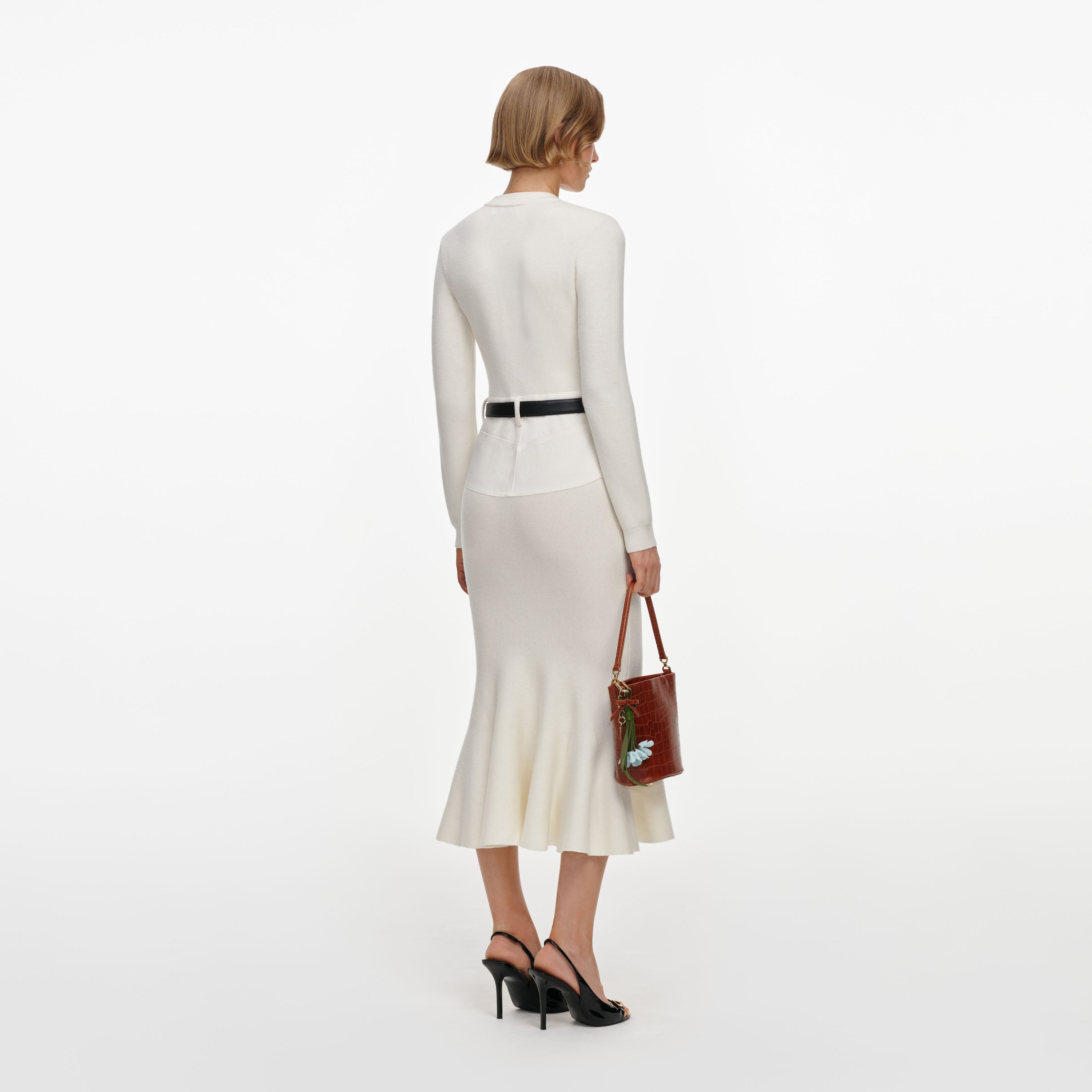 Self Portrait Cream Knit Denim Midi Kleid Creme