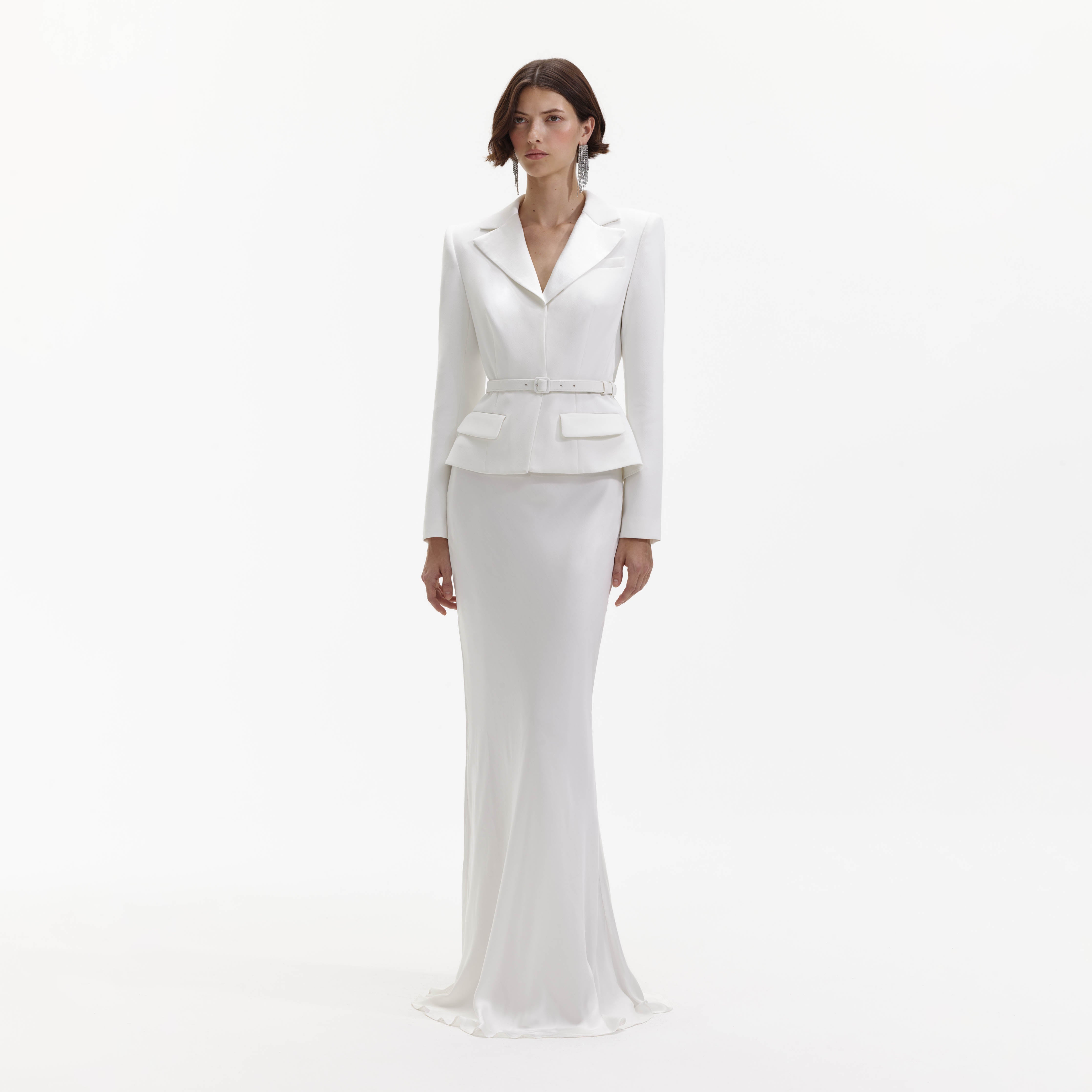 Self Portrait White Crepe Tailored Maxikleid Weiß