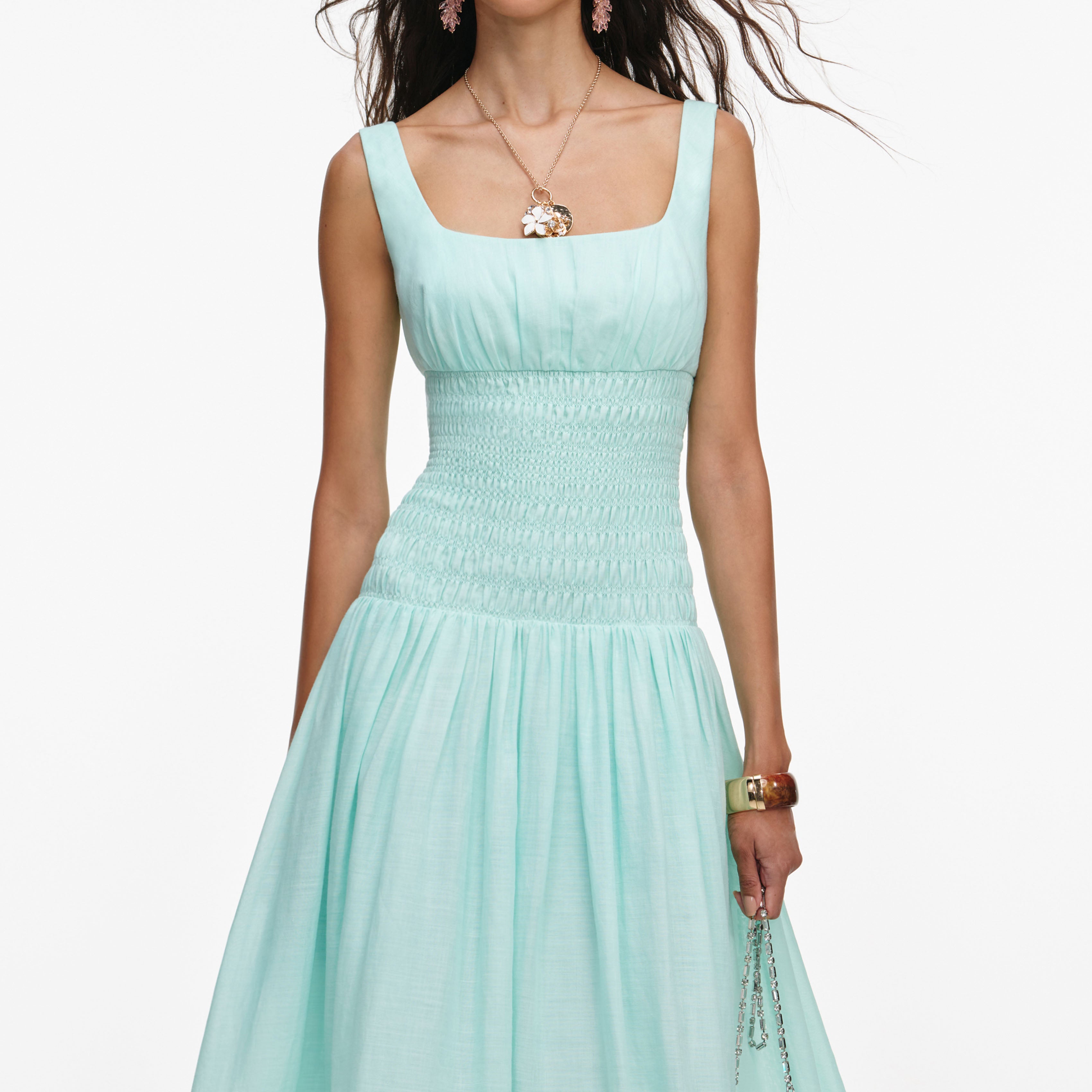 Self Portrait Midi Kleid Mint mit Raffung Drop Waist