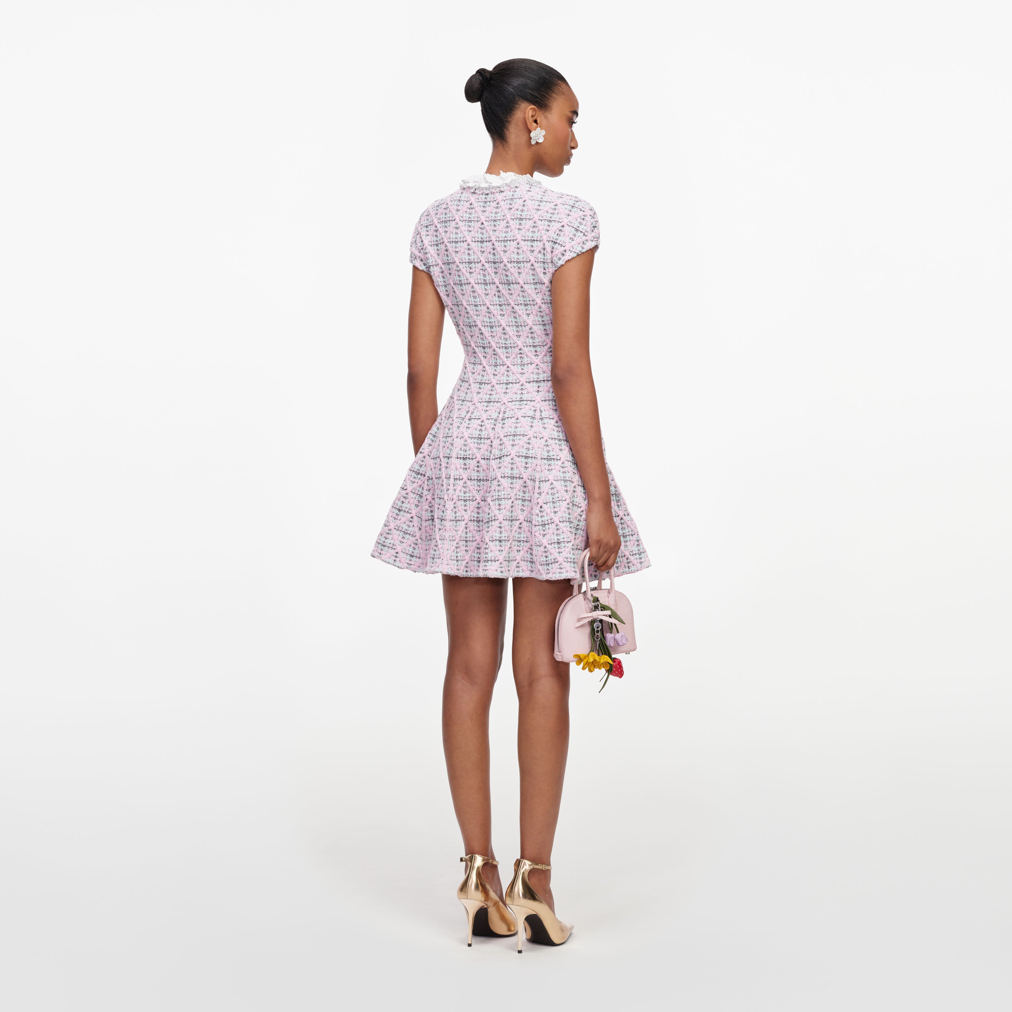Self Portrait Check Strick Minikleid Rosa Perlen Knopfleiste