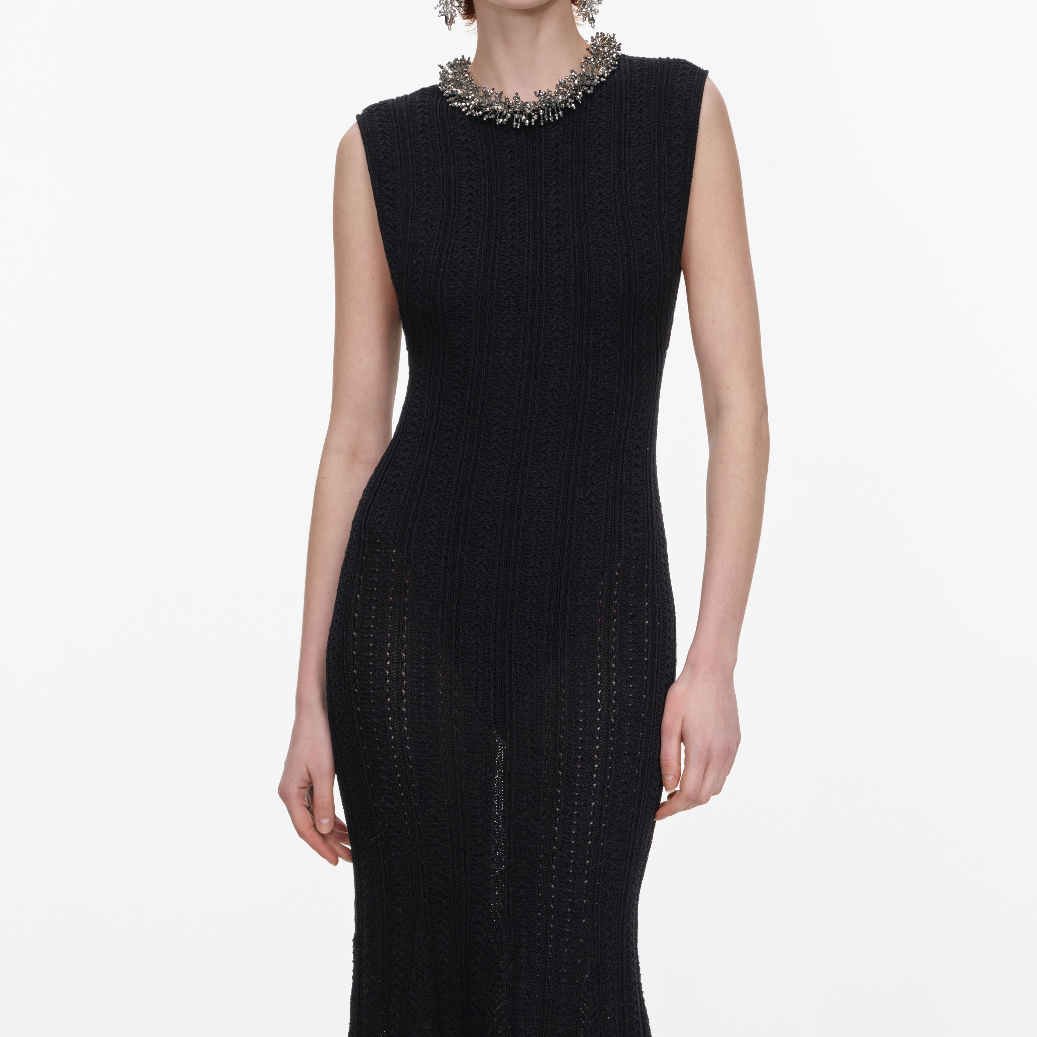 Self-Portrait Dresses Maxikleid Schwarz Pointelle Perlen