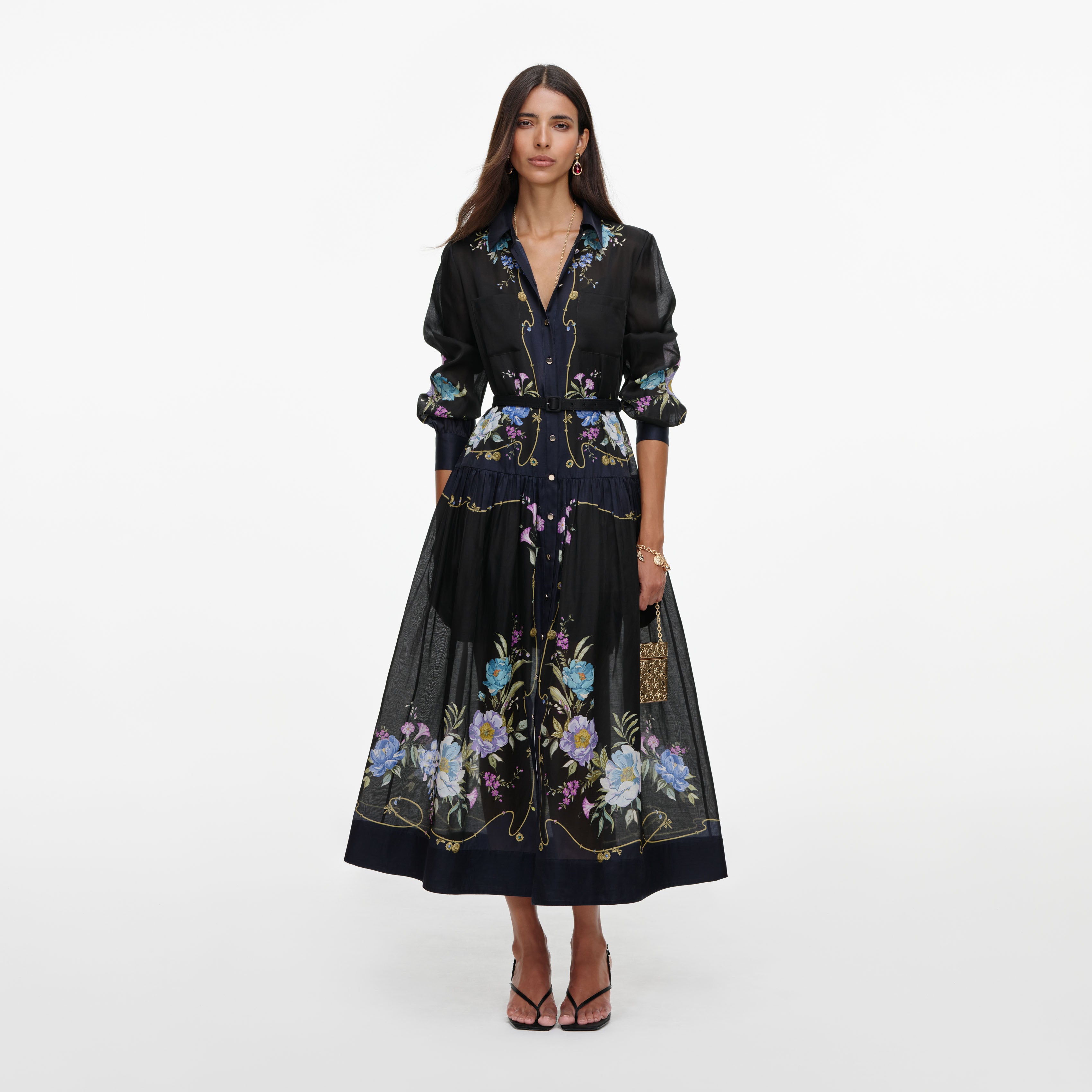 Self Portrait Dresses Navy Floral Organza-Midikleid UK 10 Blumen