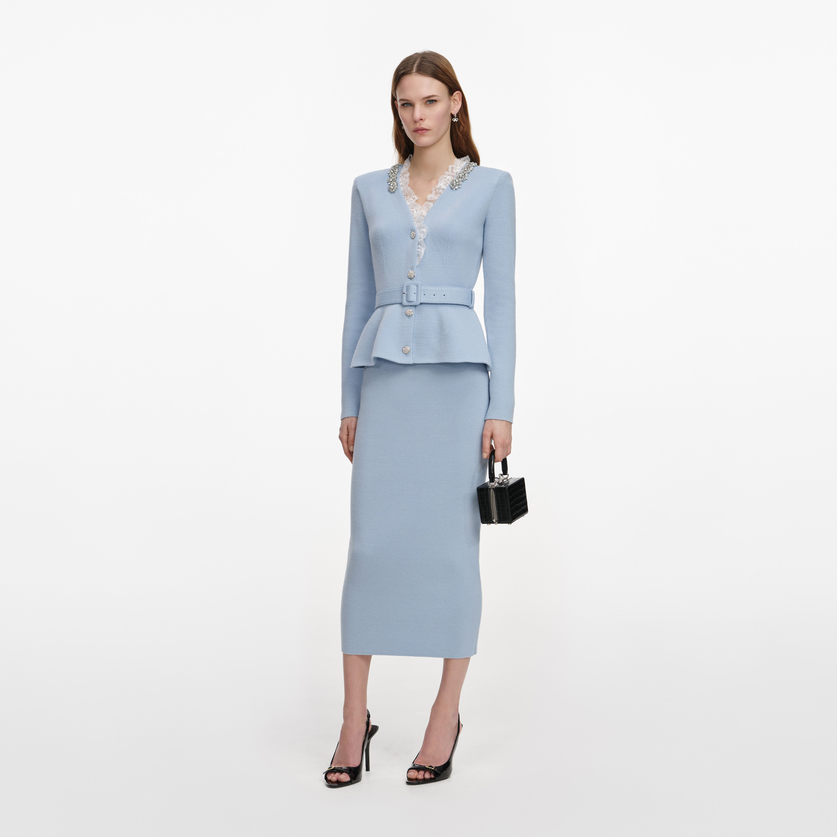 Self Portrait Blue Crystal Trim Knit Midi Dress Strickkleid blau