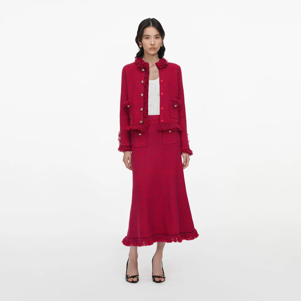 Self Portrait Red Frayed Strickrock Midi Rot