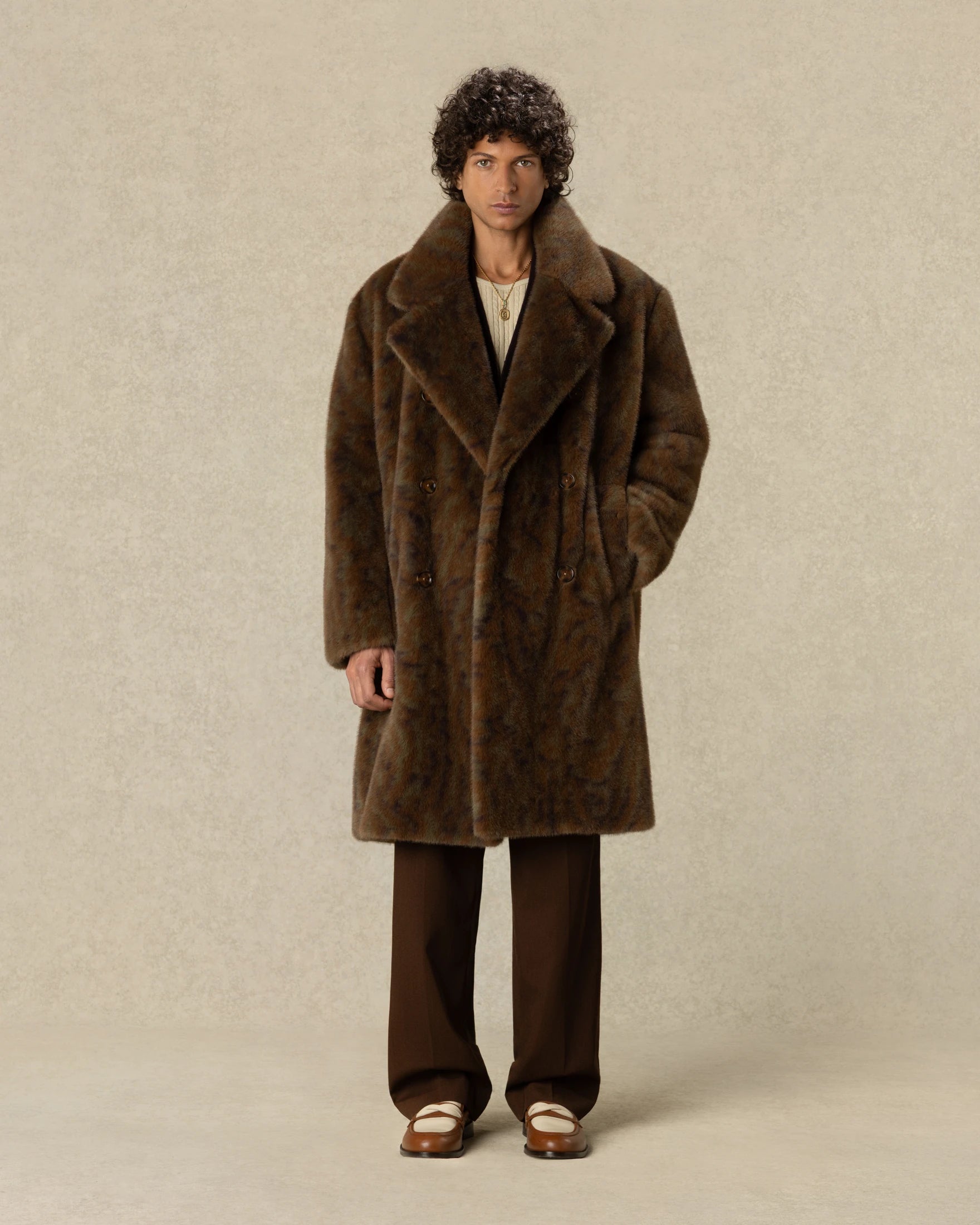 Drôle De Monsieur Faux Fur Double Breasted Coat Mantel Khaki