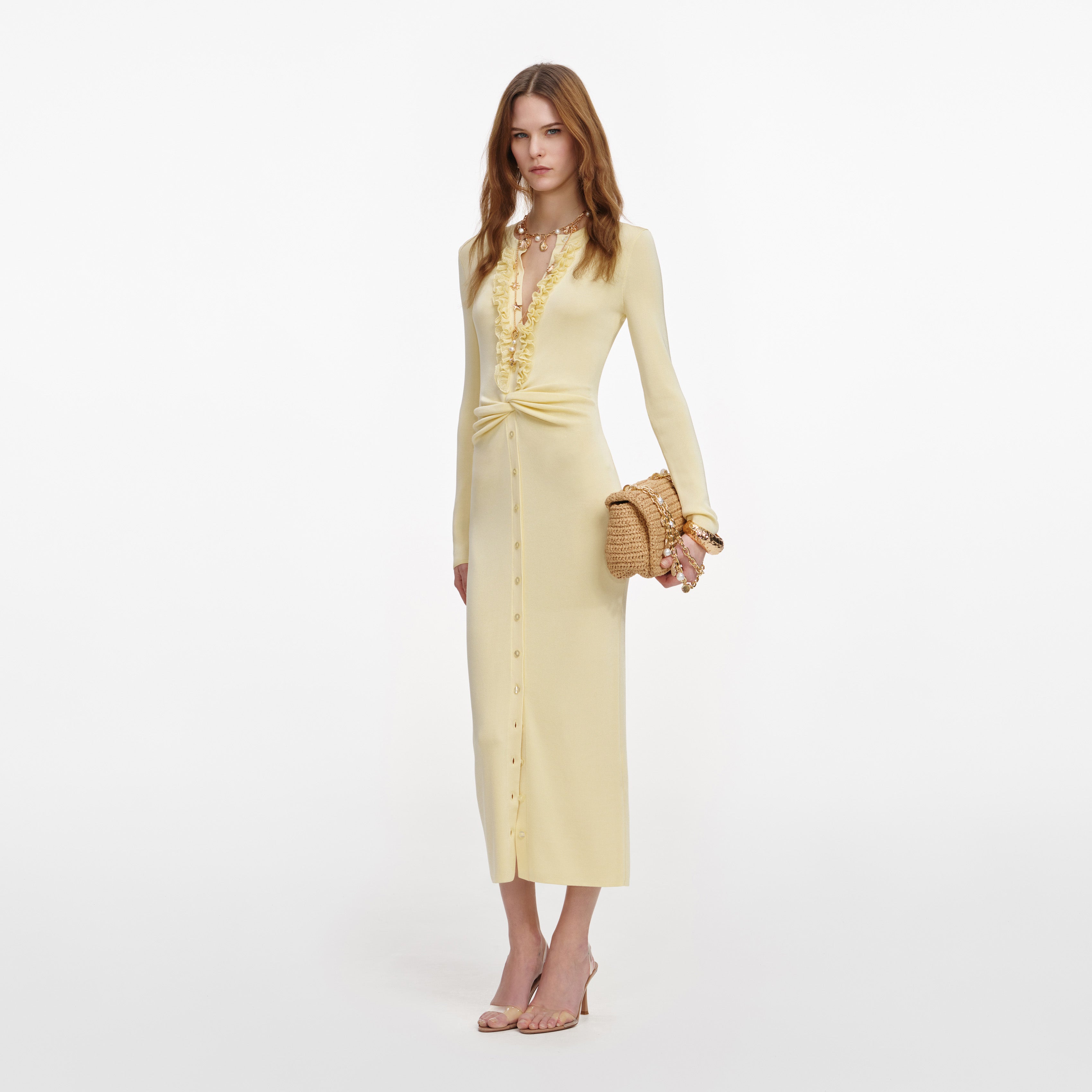 Self Portrait Yellow Viscose Knit Ruffle Midi Kleid Gelb