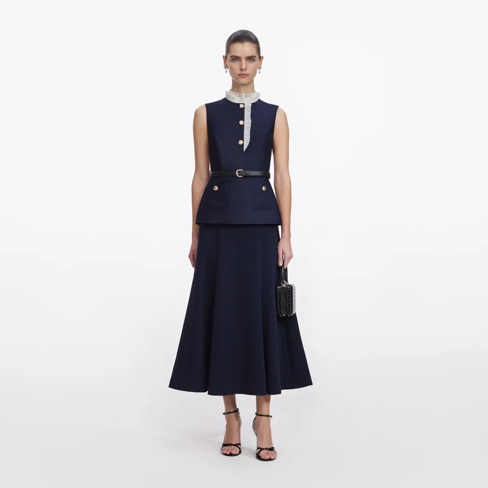 Self-Portrait Taffeta Contrast Frill Midi Kleid navy
