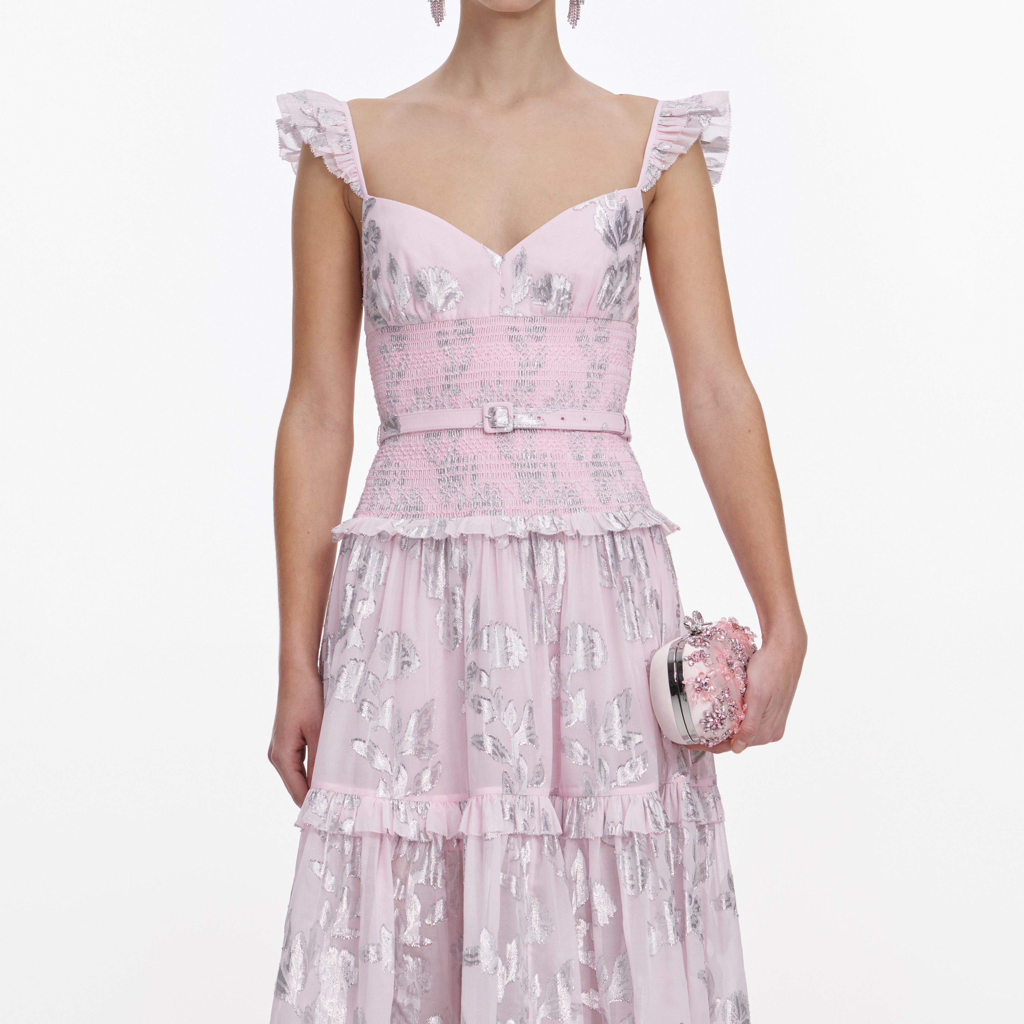 Self Portrait Pink Metallic Chiffon Flower Maxi Dress Pink