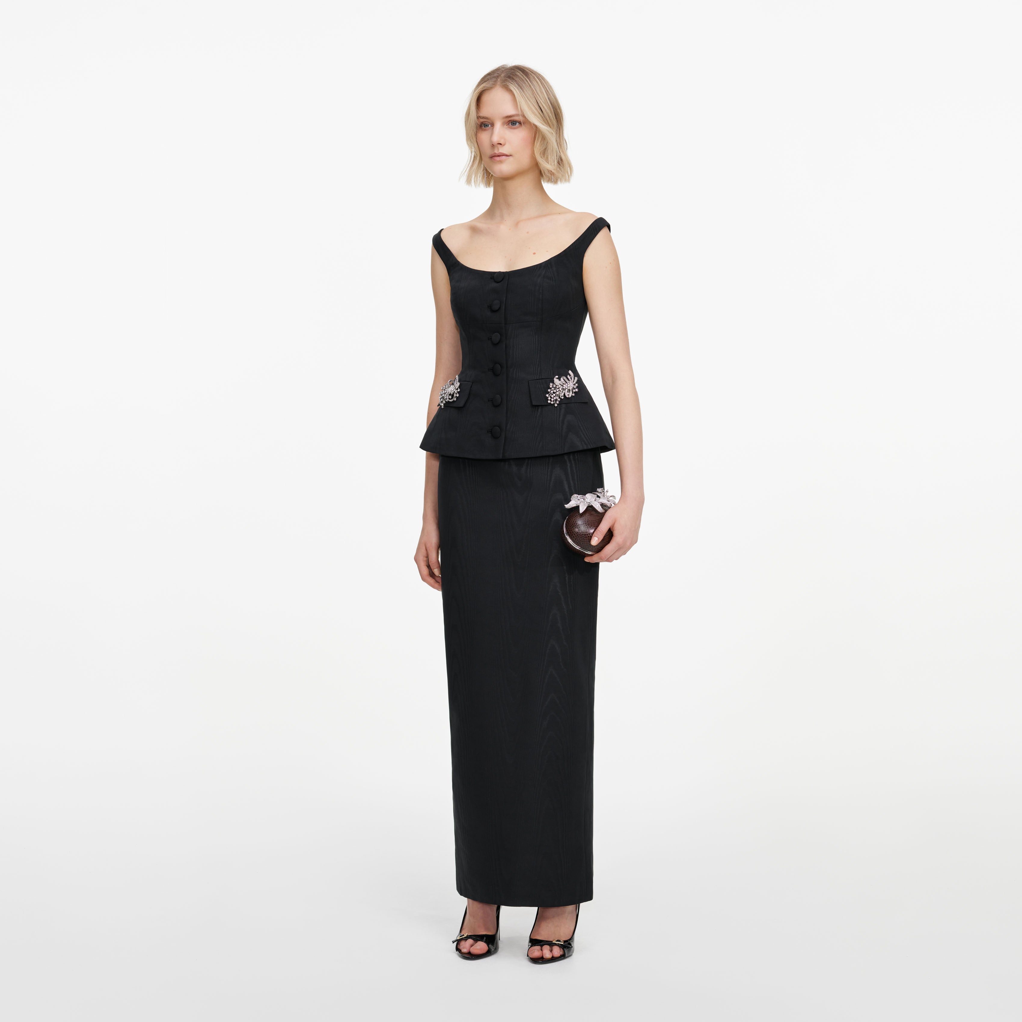 Self Portrait Bardot Maxi Kleid schwarz schulterfrei UK 6