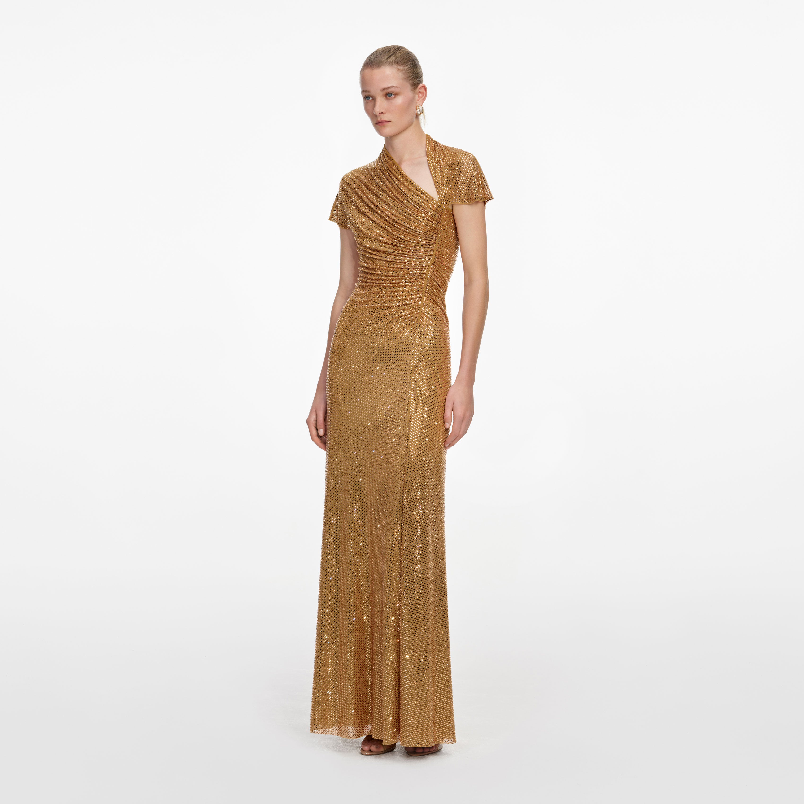 Self Portrait Gold Rhinestone Drape Maxi Kleid Gold