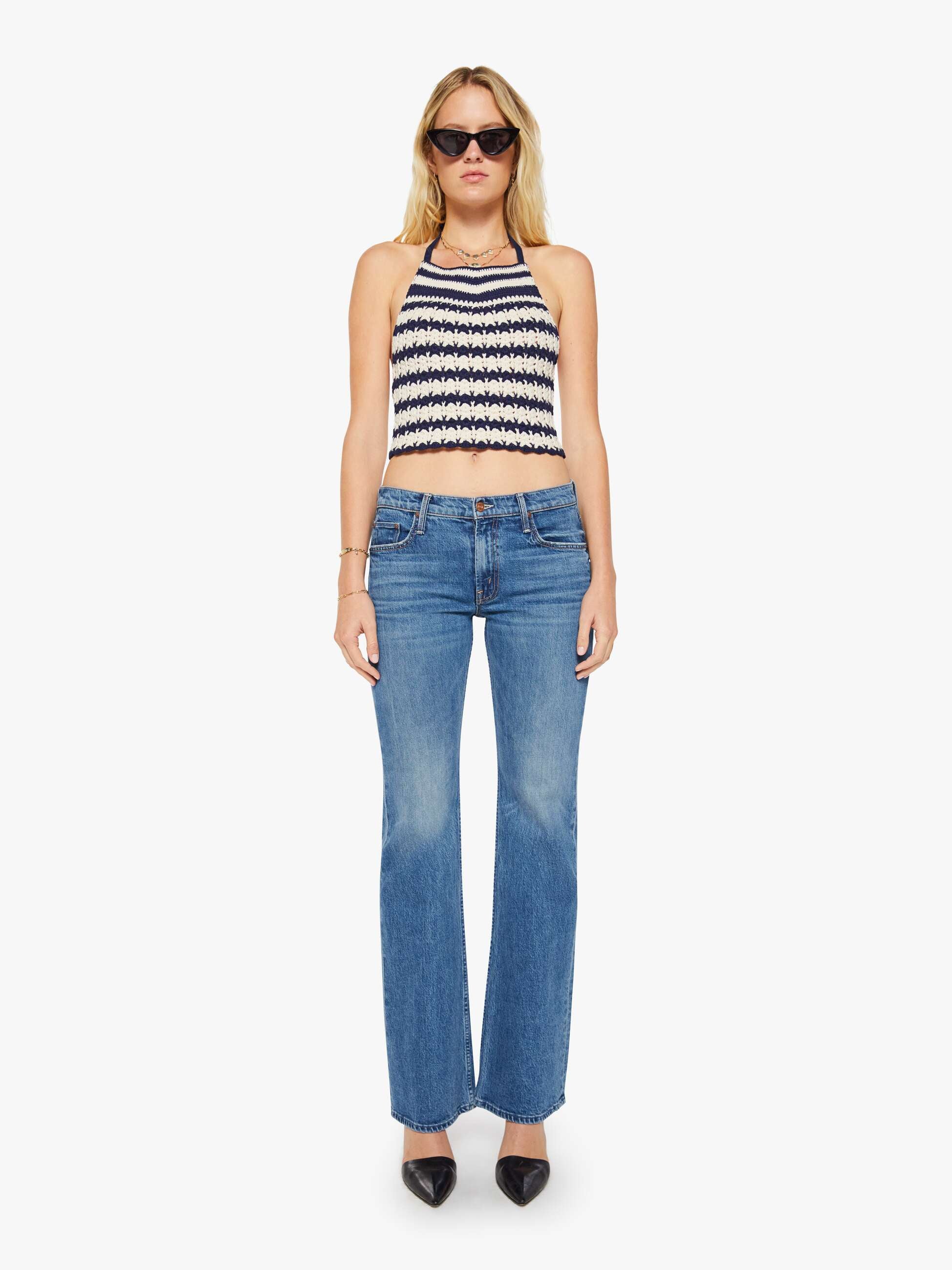 Mother The Sunburn Navy Ivory Stripe Top Cropped Damen
