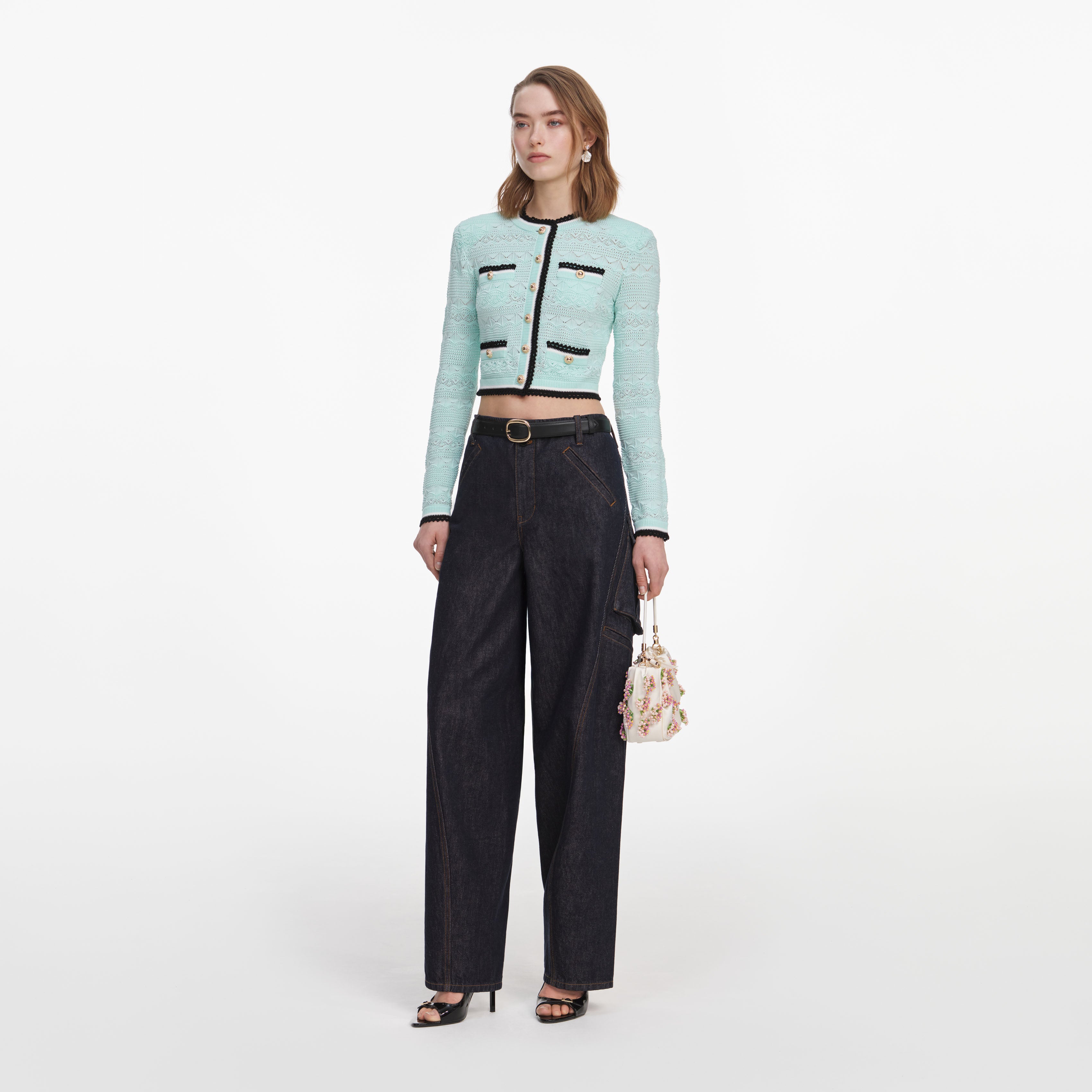 Self Portrait Mint Pointelle Strickjacke Mint Goldknöpfe