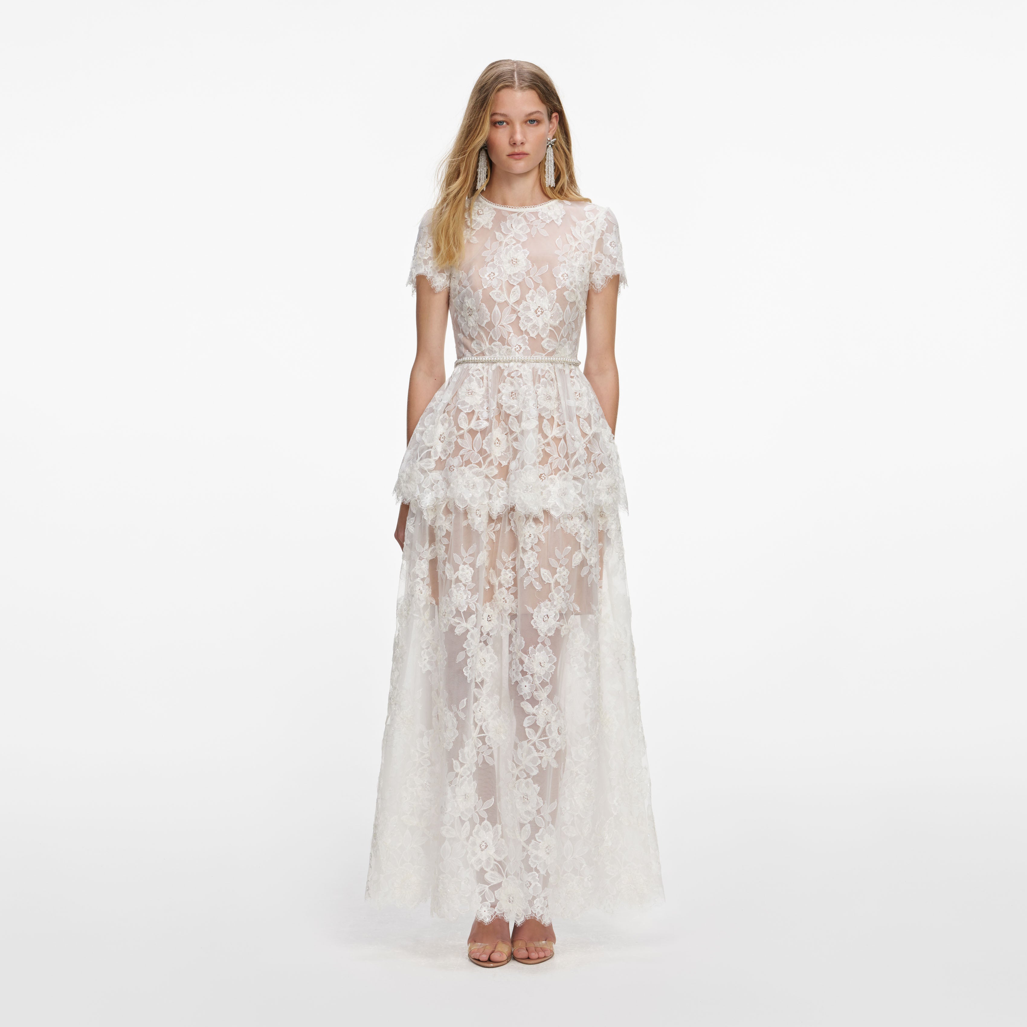 Self Portrait Sequin Lace Maxi Kleid Weiß Spitze