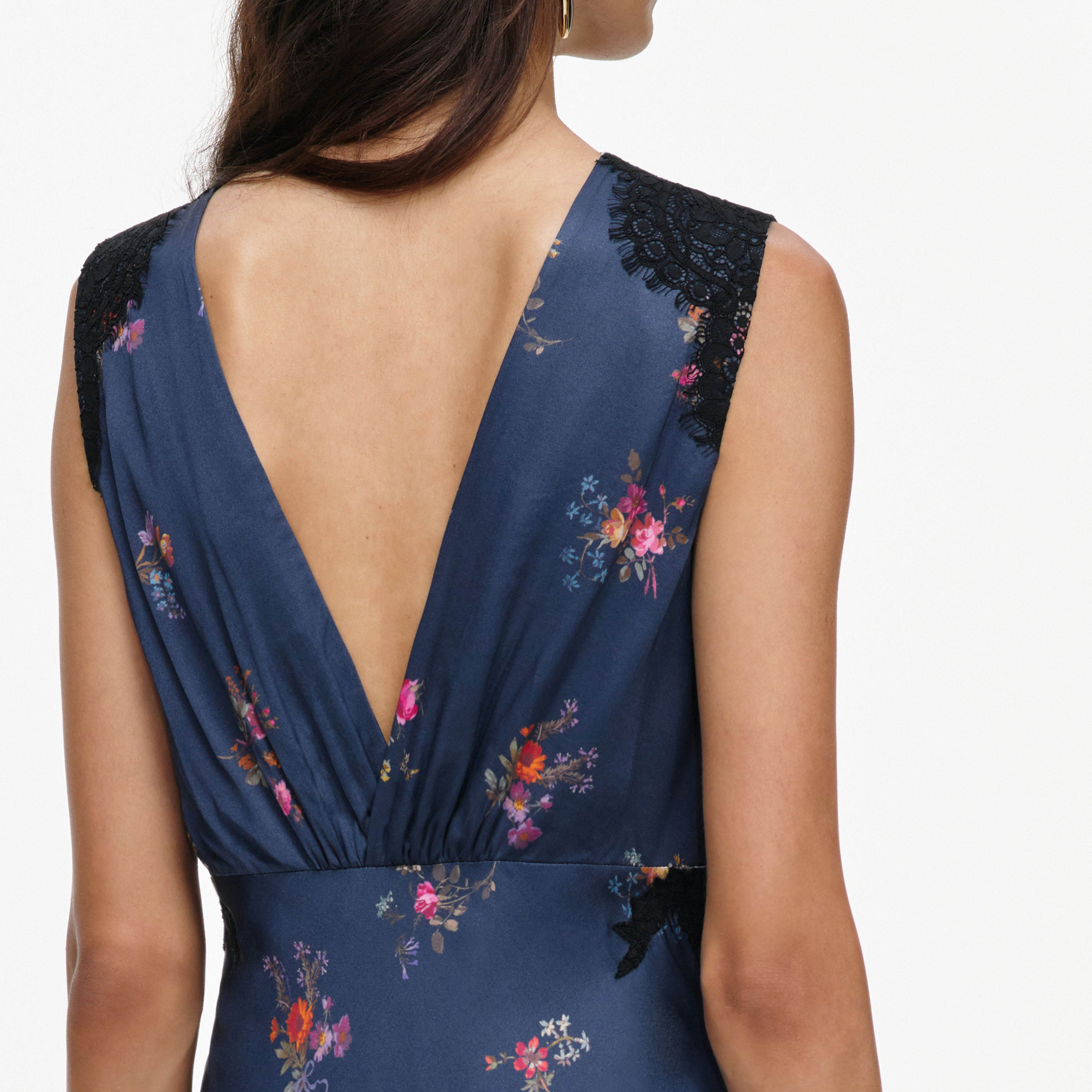 Self Portrait Satin Lace Midi Kleid Navy Blumen Spitze