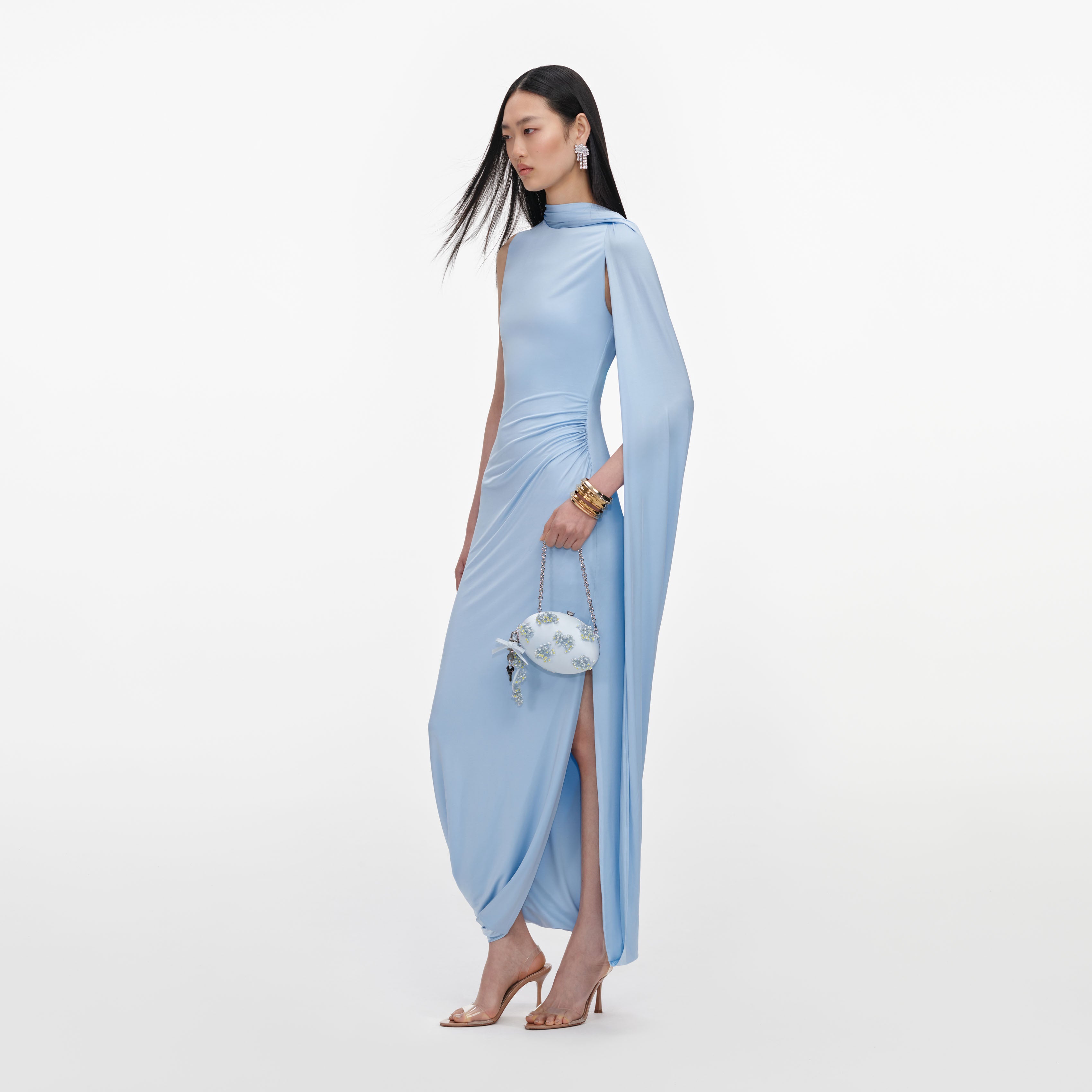 Self Portrait Blue Jersey Draped Maxi Dress Kleid Blau UK 4