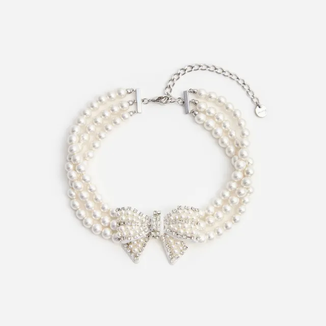 Self Portrait Pearl Satin Bow Halskette Creme One Size