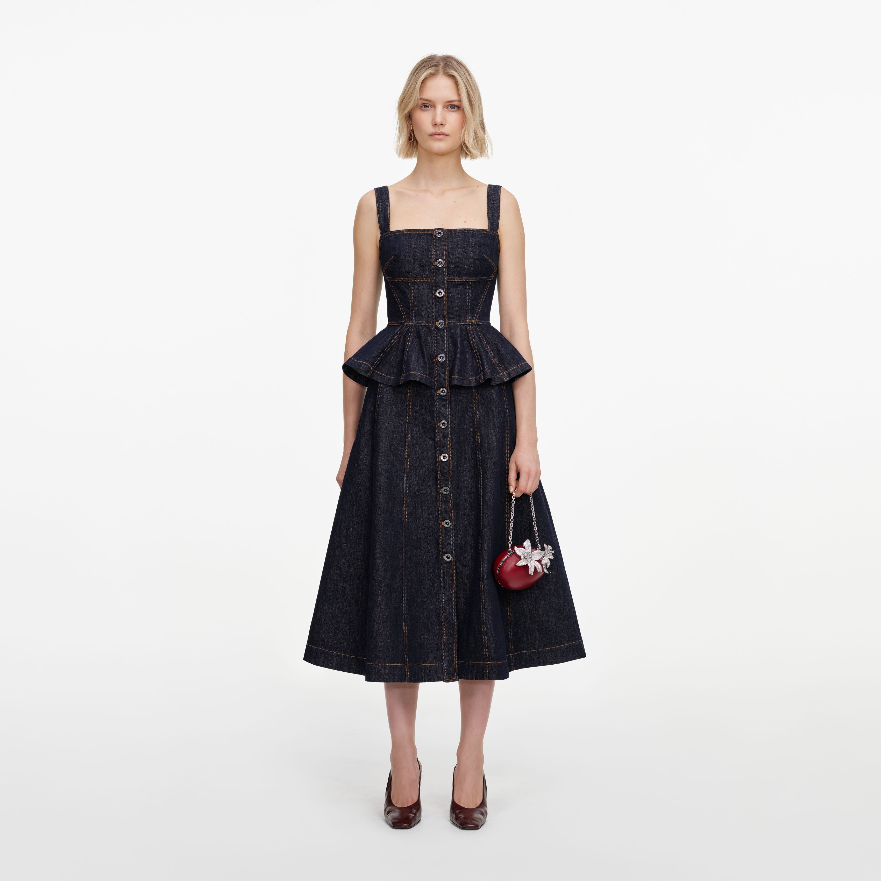Self Portrait Indigo Peplum Denim Midikleid blau