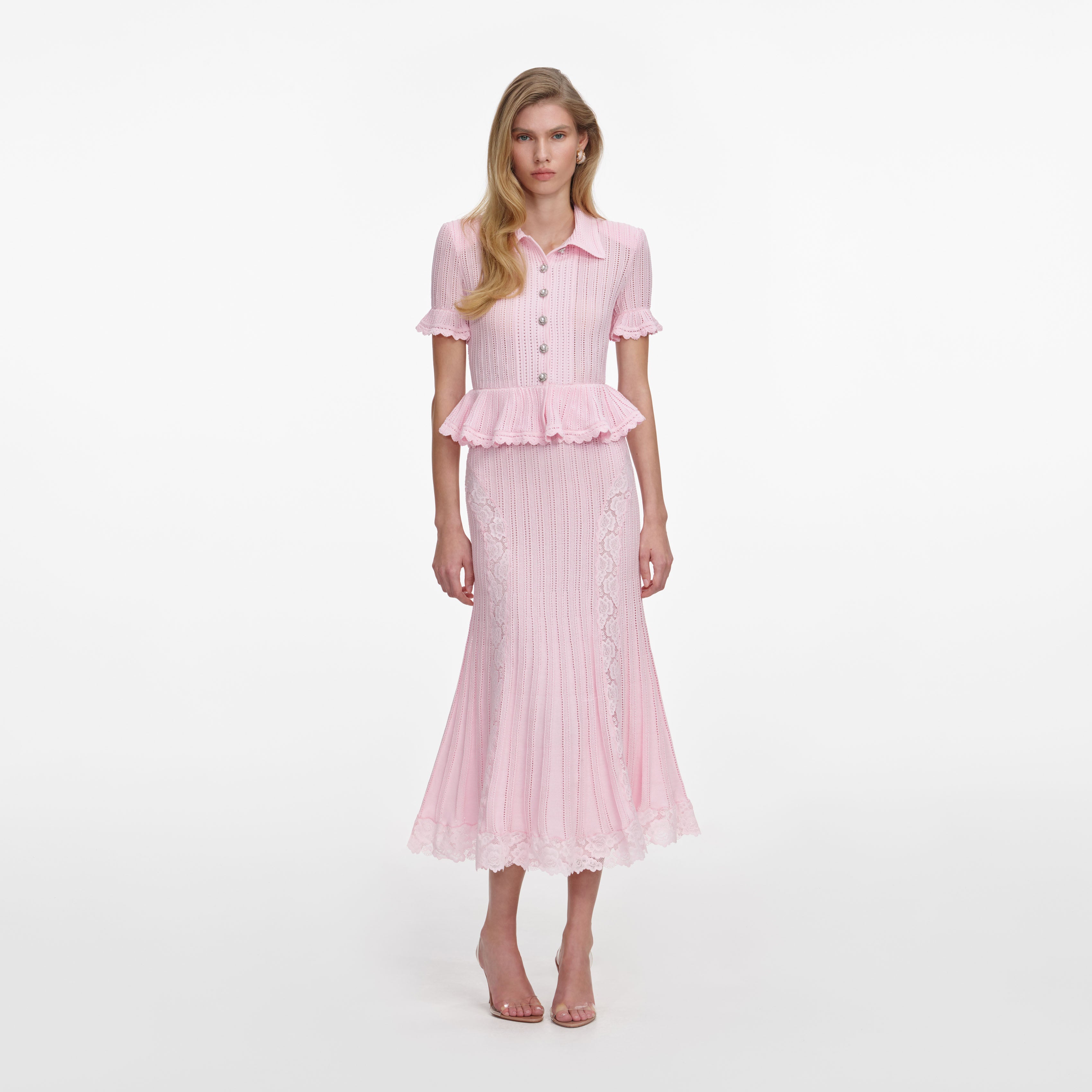 Self Portrait Pink Pointelle Peplum Knit Midi Dress Strickkleid Rosa