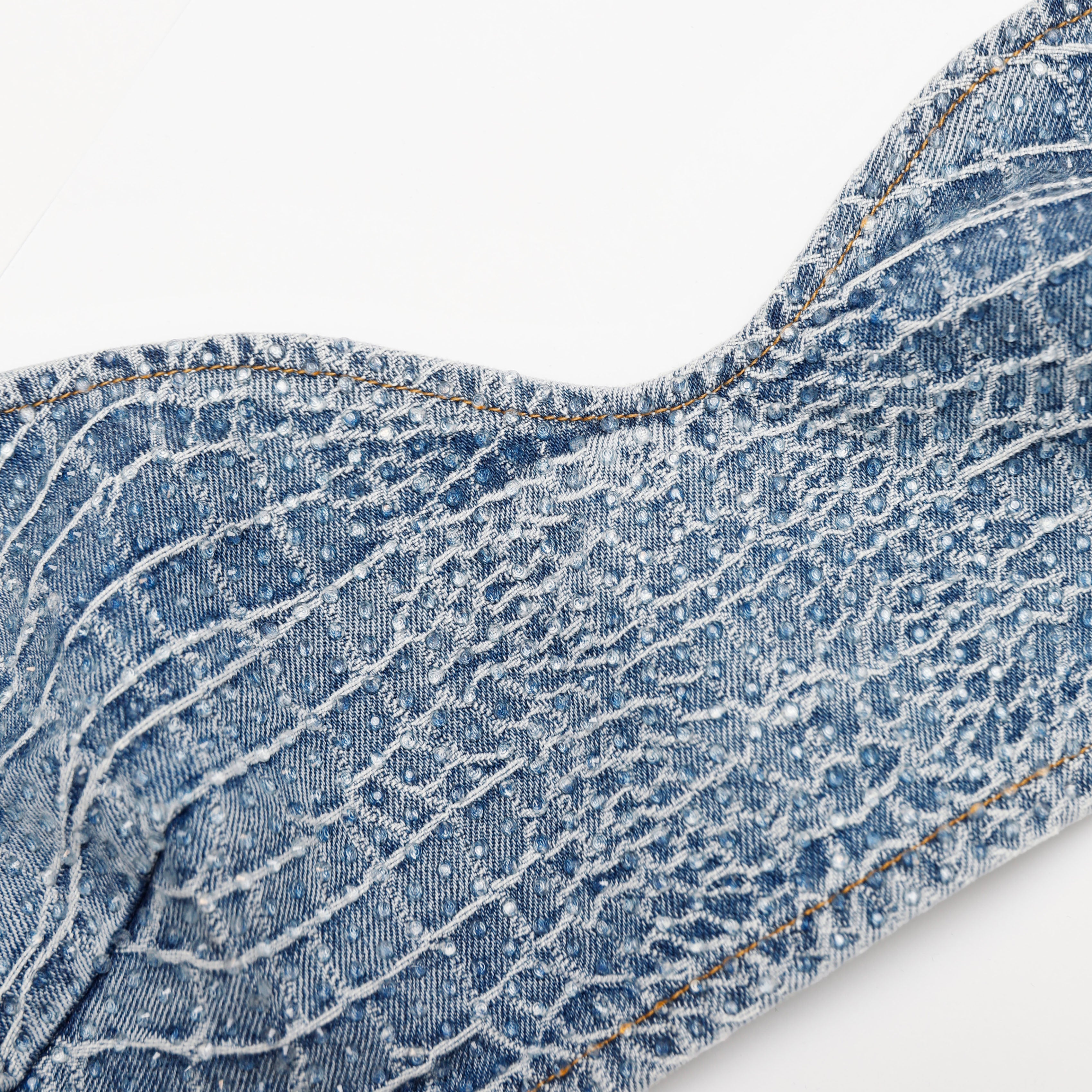 Self Portrait Denim Rhinestone Croc Effect Denim Bralette Top UK 8