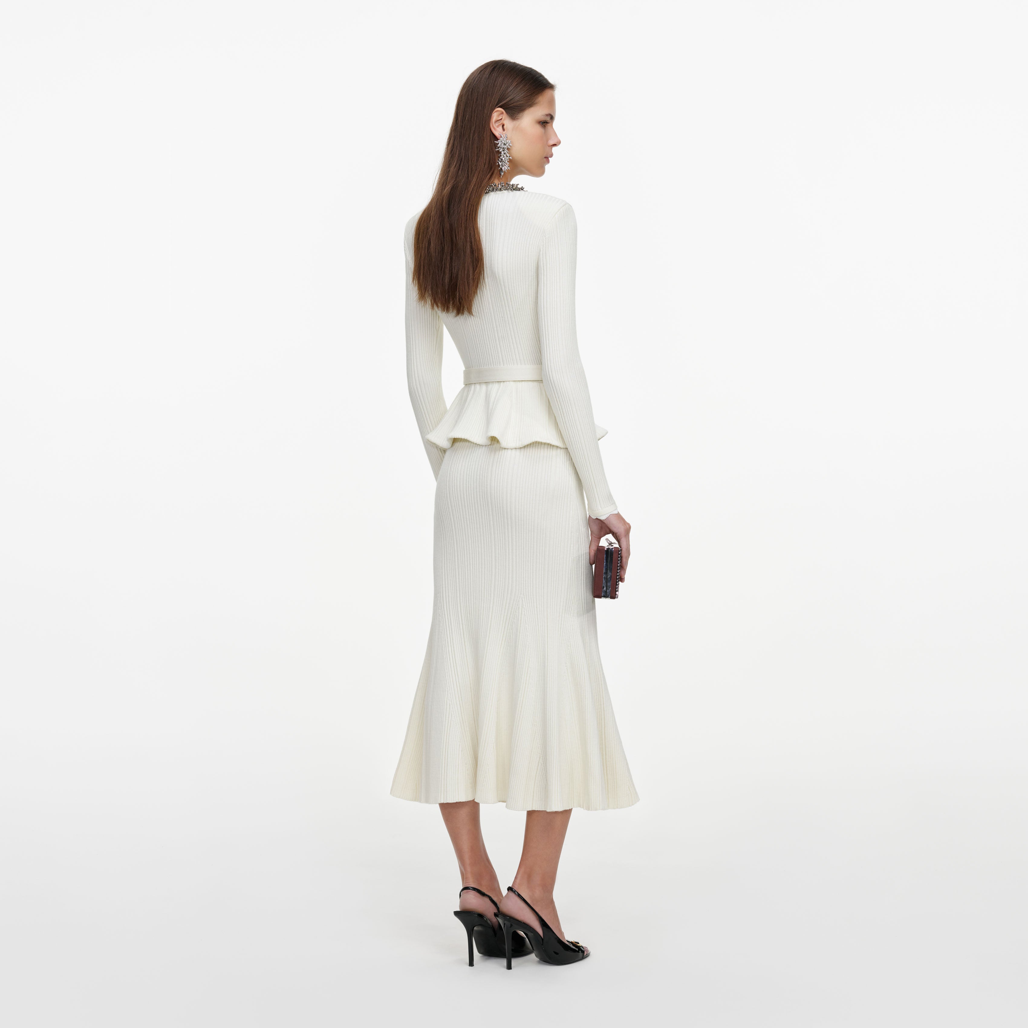 Self Portrait Cream Lurex Rib Knit Midi Kleid Creme Strick