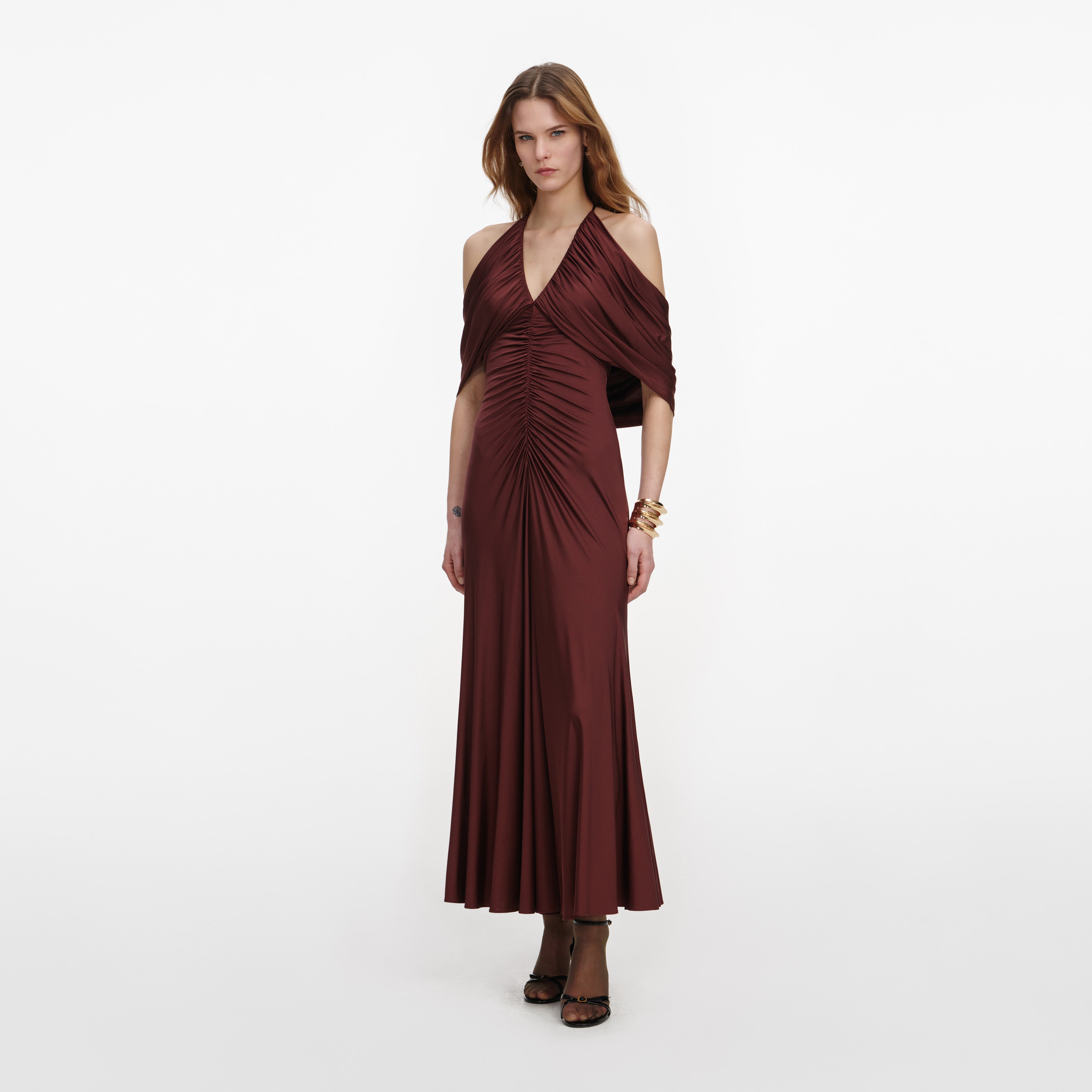 Self Portrait Brown Jersey Drape Midi Dress Kleid Braun UK 6