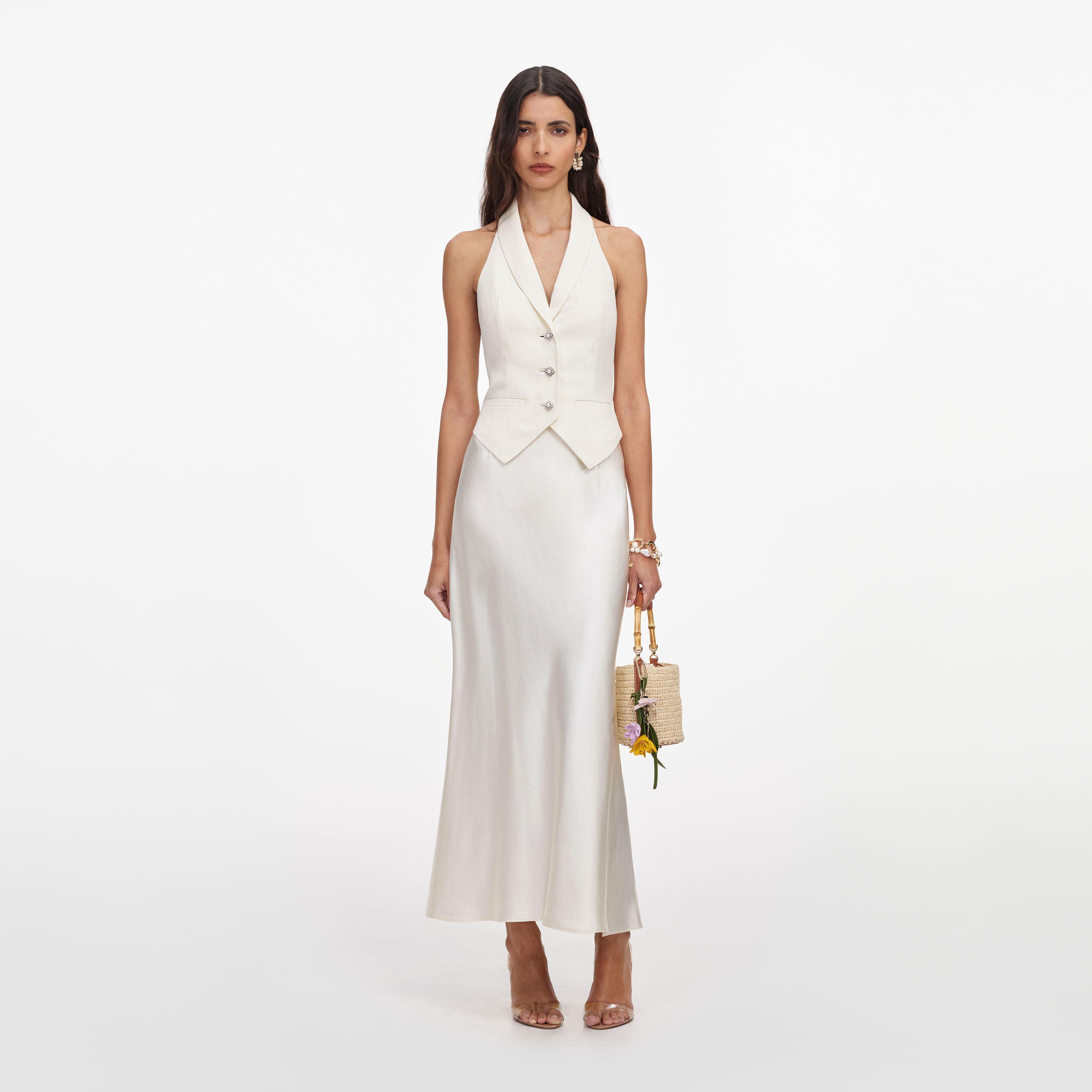 Self Portrait Cream Linen Satin Midi Kleid Creme UK 6 rückenfrei