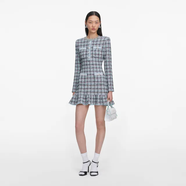 Self Portrait Blue Check Knit Minikleid Strickkleid Blau S Knöpfe