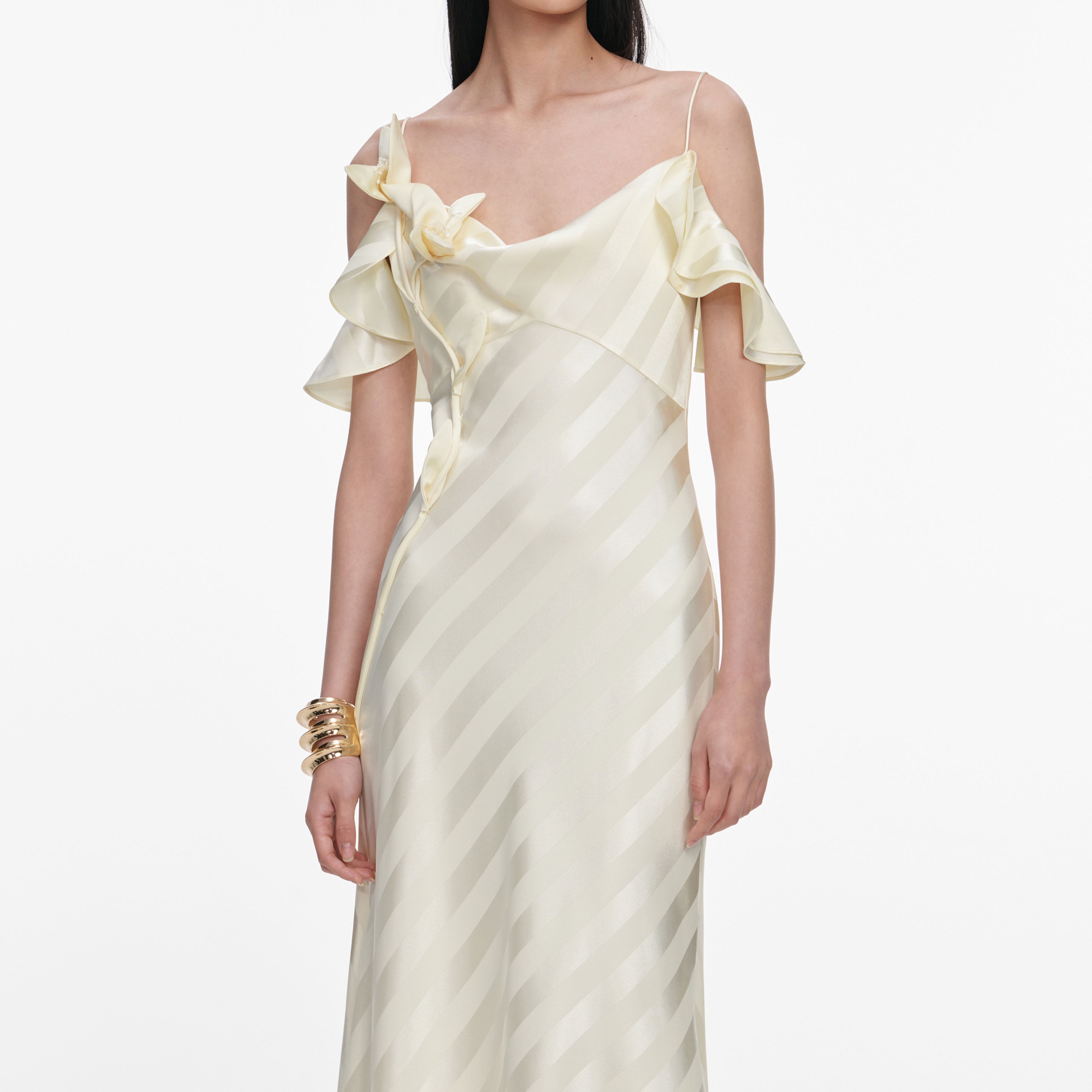 Self Portrait Satin Maxikleid Gelb Streifen Gr. UK 8