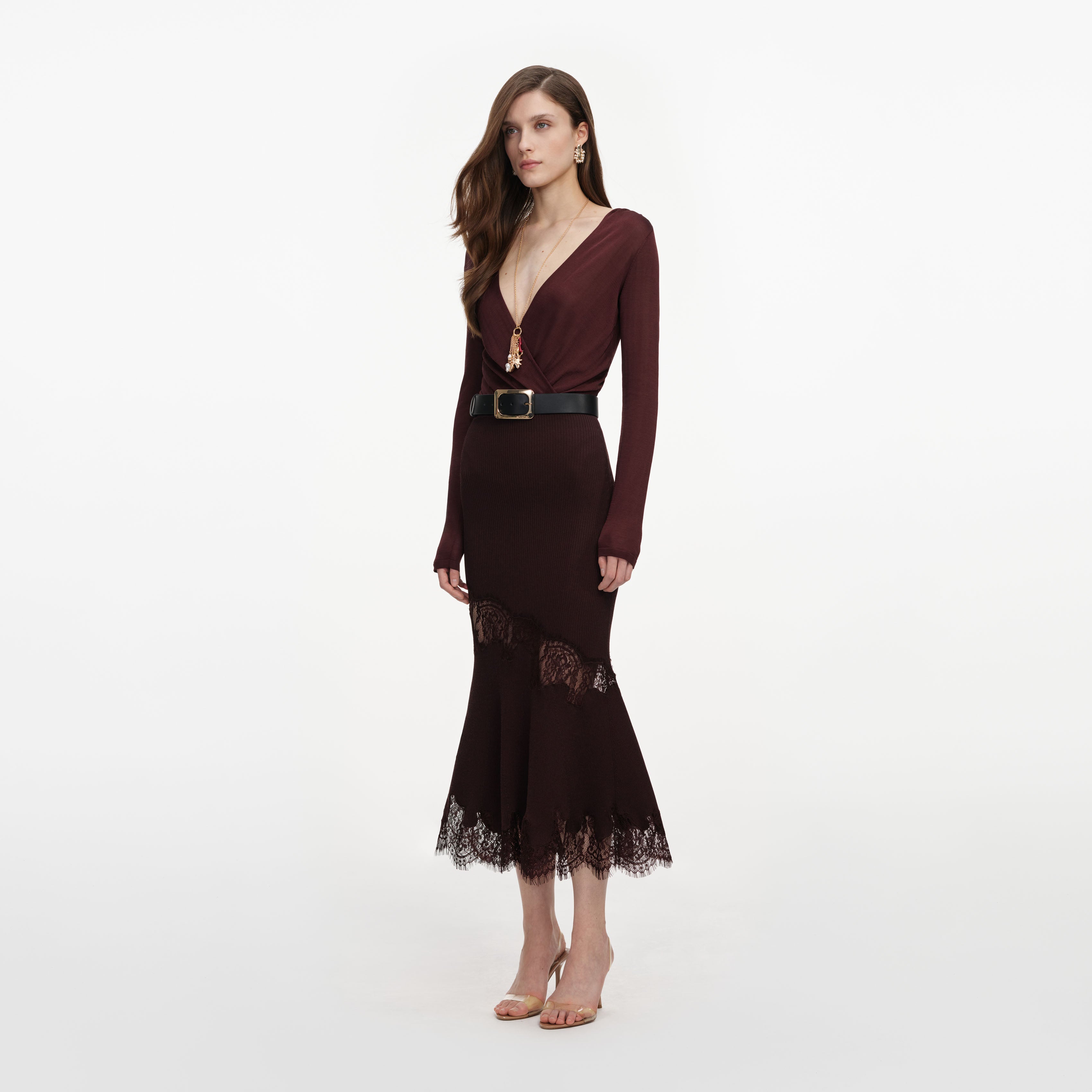 Self Portrait Brown Ribbed Strickrock Braun Midi Viskose