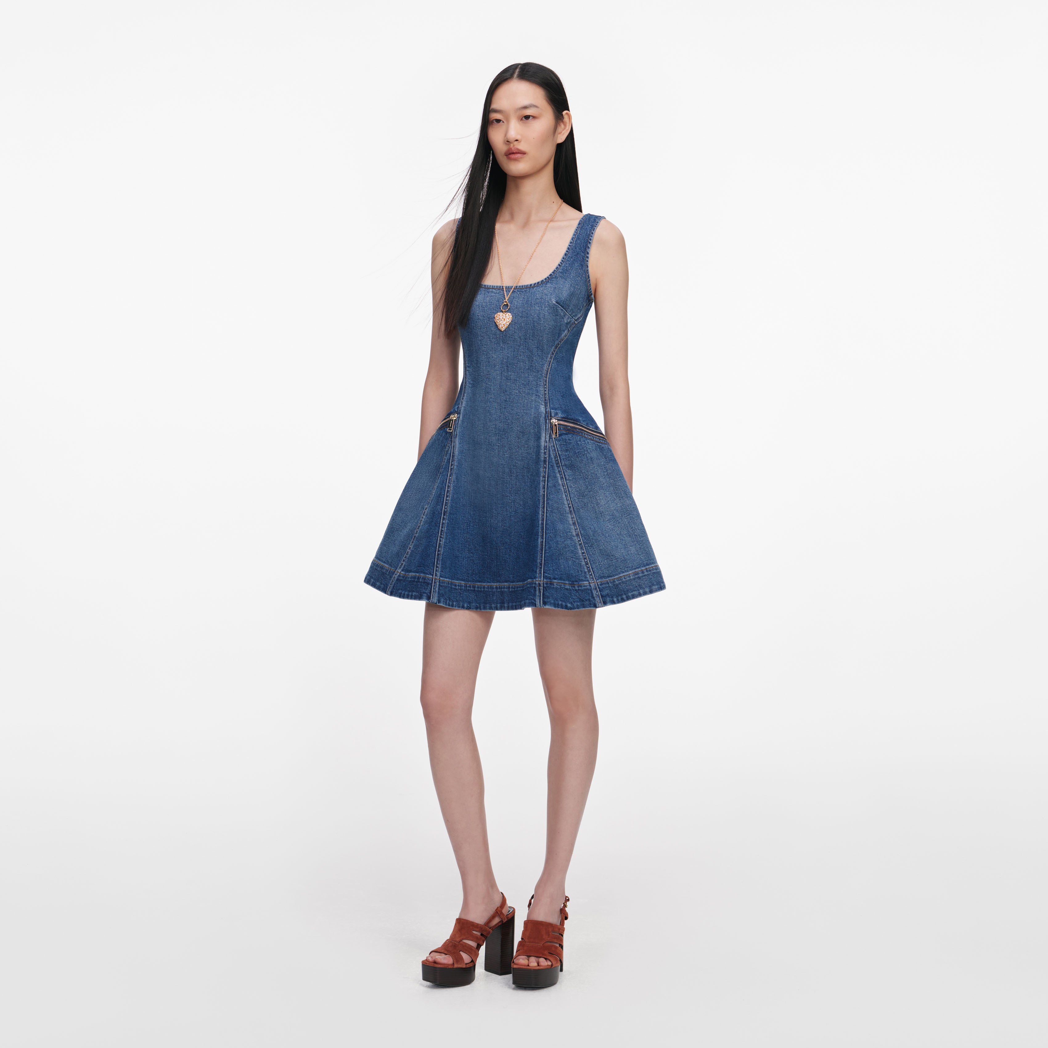 Self Portrait Denim Flared Minikleid Blau UK 8 Stretch