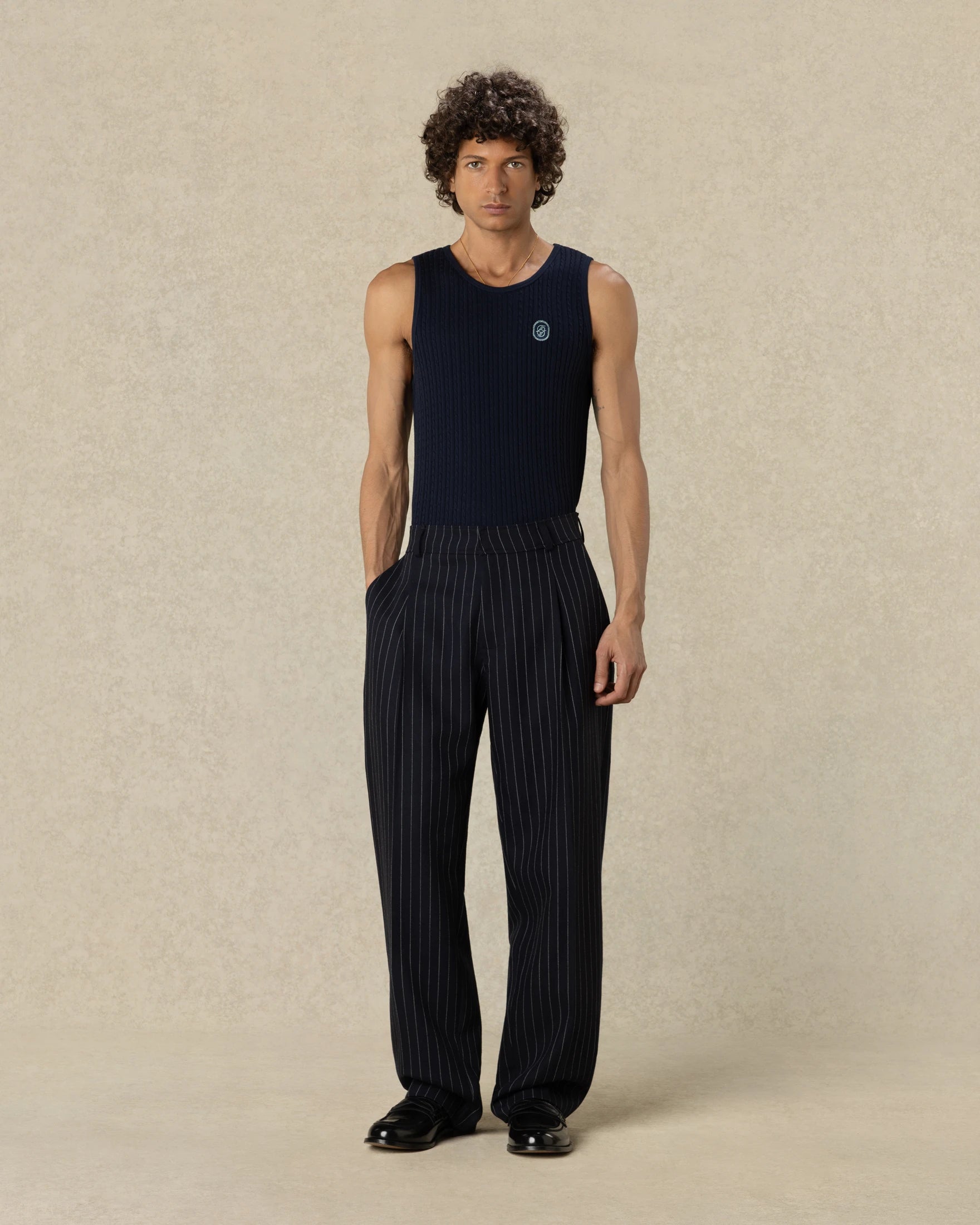 Drôle De Monsieur Striped Single Pleat Hose Navy Wolle