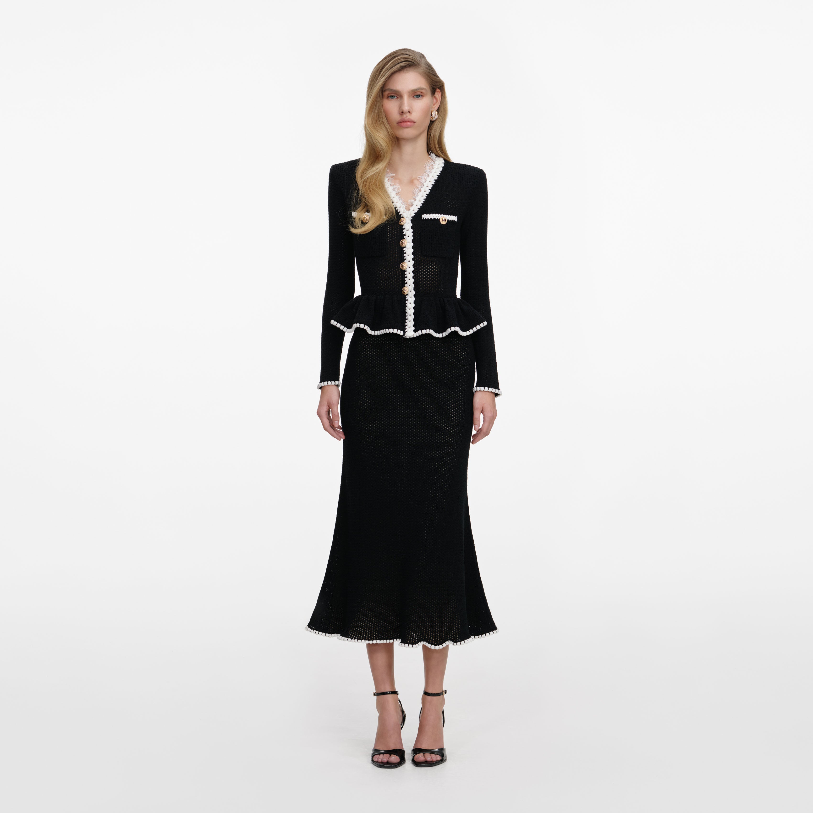 Self Portrait Strick Midi Kleid Schwarz Peplum Spitze