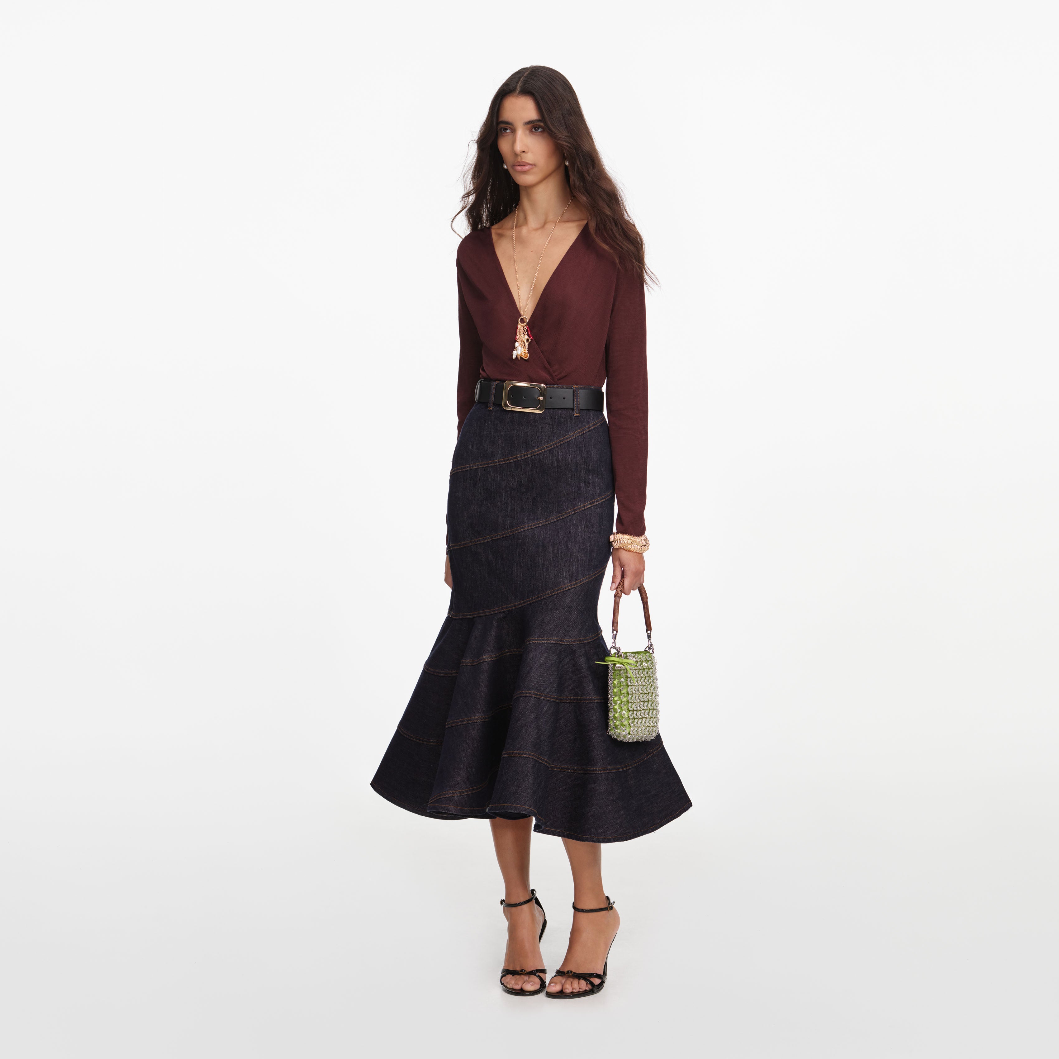 Self Portrait Indigo Denim Belted Midirock UK 6 blau mit Gürtel